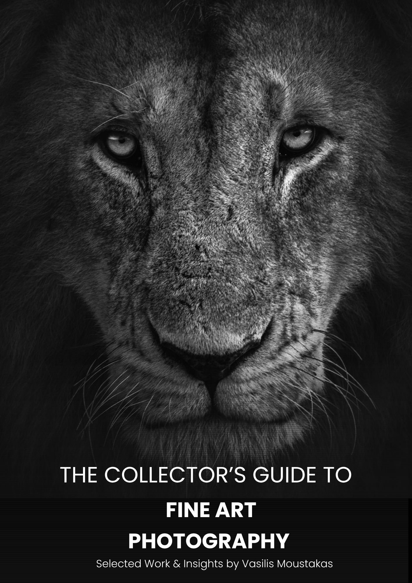 Black and white cover of a book featuring a close-up of a lion's face with intense eyes and detailed fur, titled 'The Collector's Guide to Fine Art Photography' by Vasilis Moustakas.
