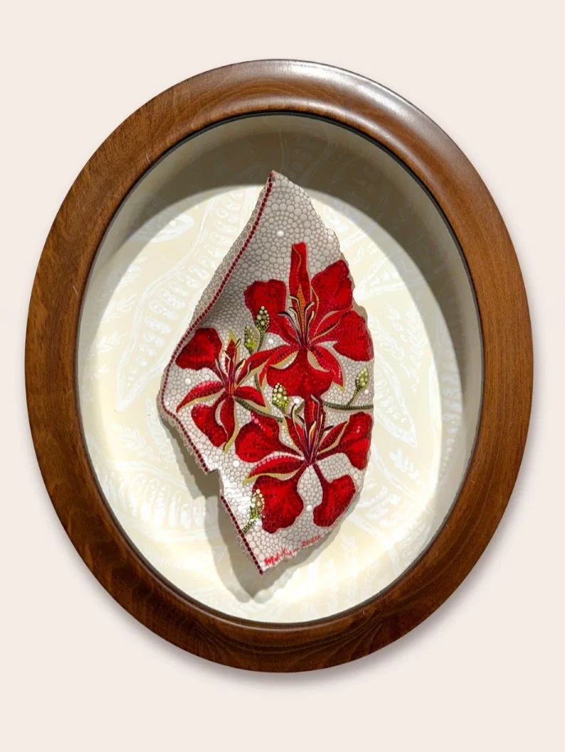 Keepsake I, 2026
Acrylic paint on bleached conch shell lip in custom frame by @txnny22
9.5&rdquo; &times; 11.5&rdquo;
Available through @daguilarartfoundation

So lucky to be displaying a few pieces at The DAF alongside such amazing artists in &ldquo