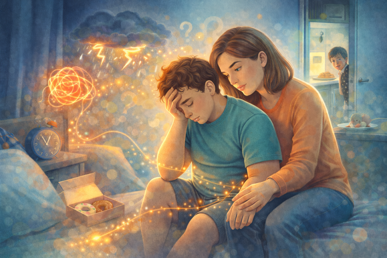 Boy with weight issues being comforted by his mom