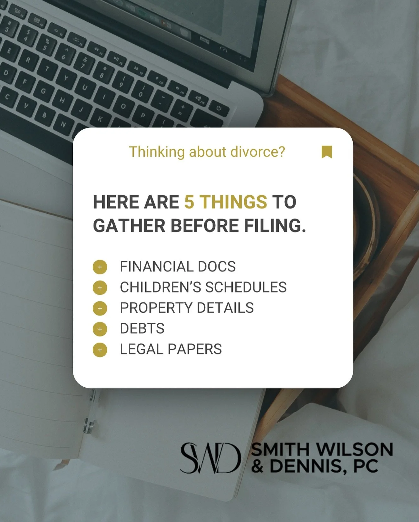 Thinking about divorce? Start here: 

✅ Gather financial records 
✅ Organize schedules 
✅ Review property info 
✅ Track debts. 

Preparation makes the process smoother&mdash;legal guidance makes it easier.

http://swdlaw-pc.com/
Family Law - Houston,