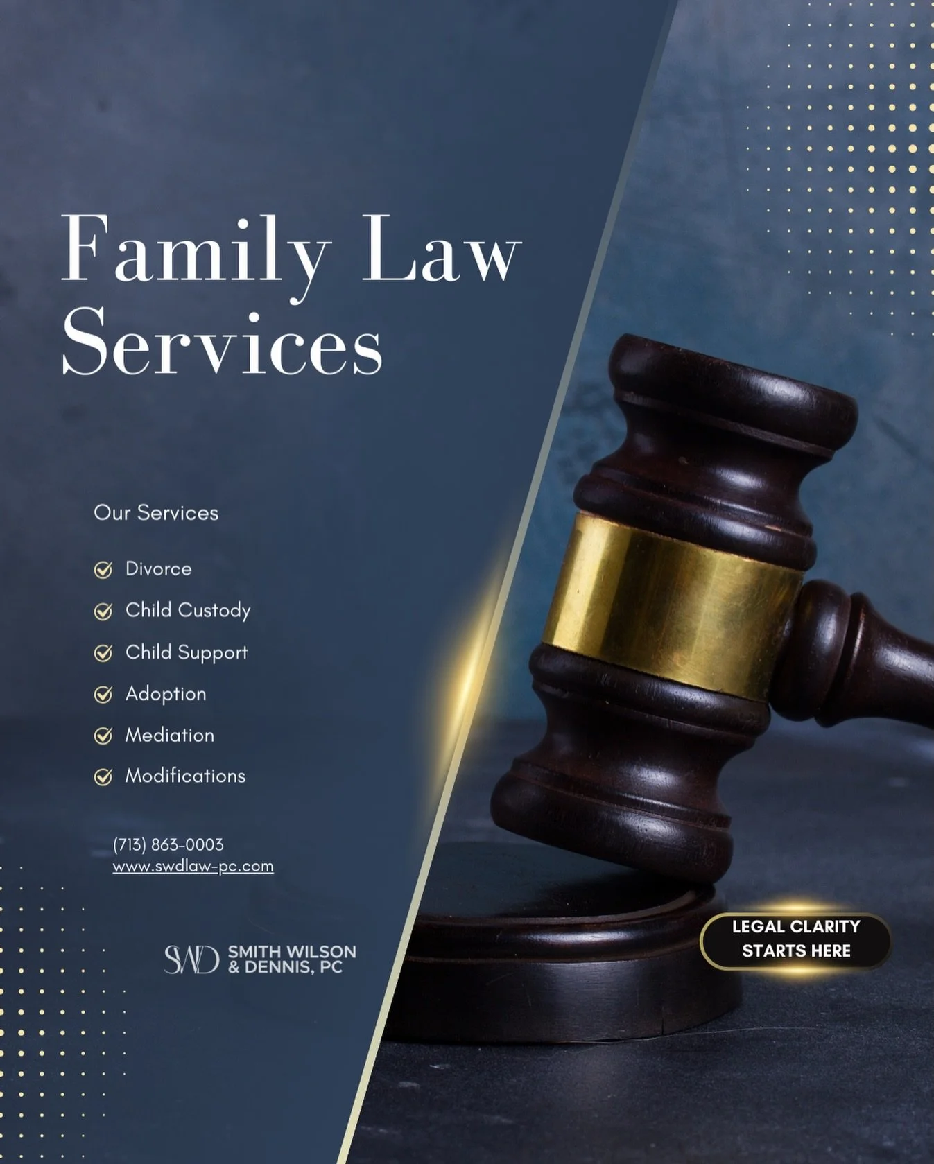 Family law covers more than people often realize. Knowing where your situation fits can help you take the next step with confidence.

http://swdlaw-pc.com/
Family Law - Houston, TX
Divorce | Child Custody | Adoption | Mediation
Smith Wilson &amp; Den