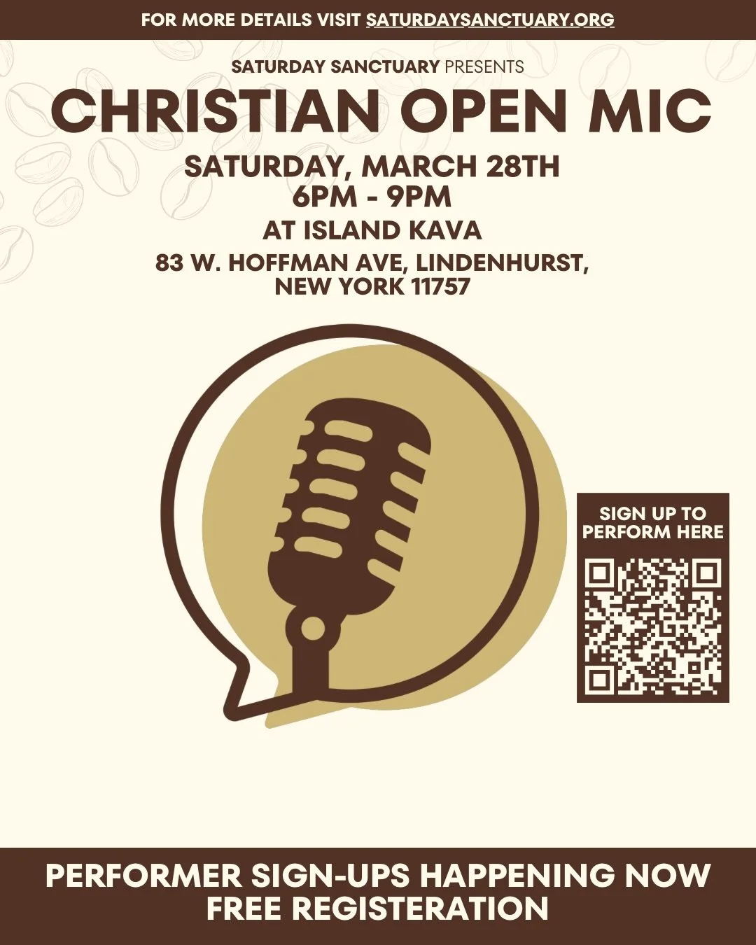 SATURDAY SANCTUARY | Christian Open Mic Night

Join us for a powerful evening of Christian music, worship, and spoken word at Island Kava in Lindenhurst, Long Island.

Saturday Sanctuary is a Christian open mic community where musicians, poets, and c