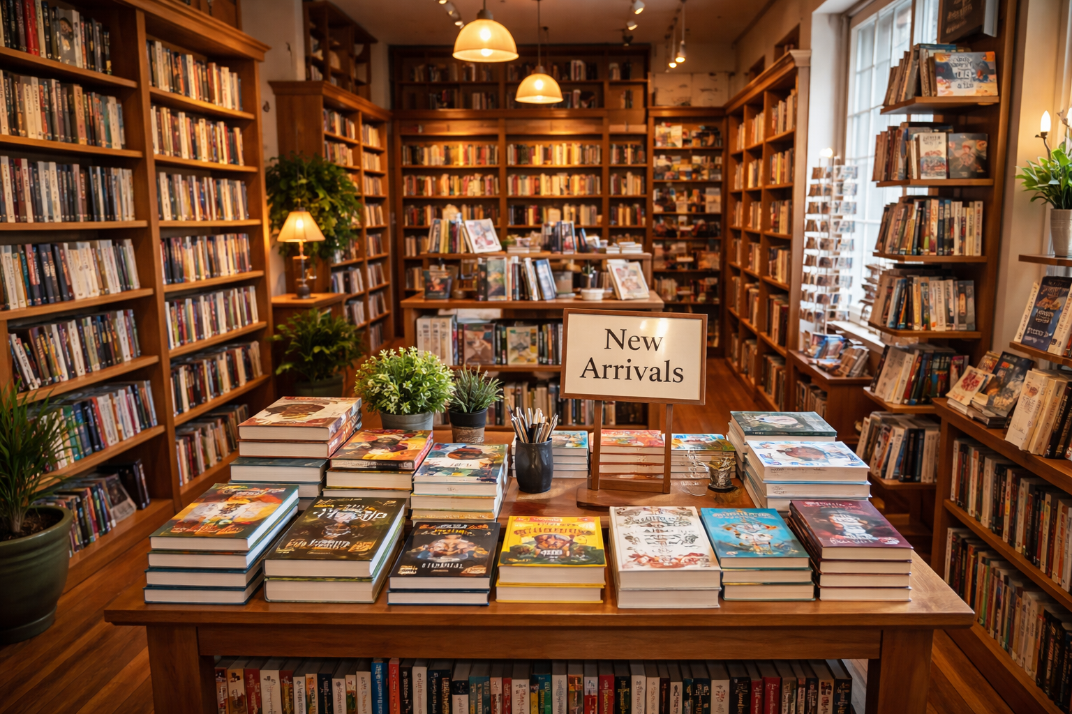Bookshelves filled with books in a cozy bookstore, with a table marked 'New Arrivals' displaying stacks of books in the center, and plants and warm lighting creating an inviting atmosphere.