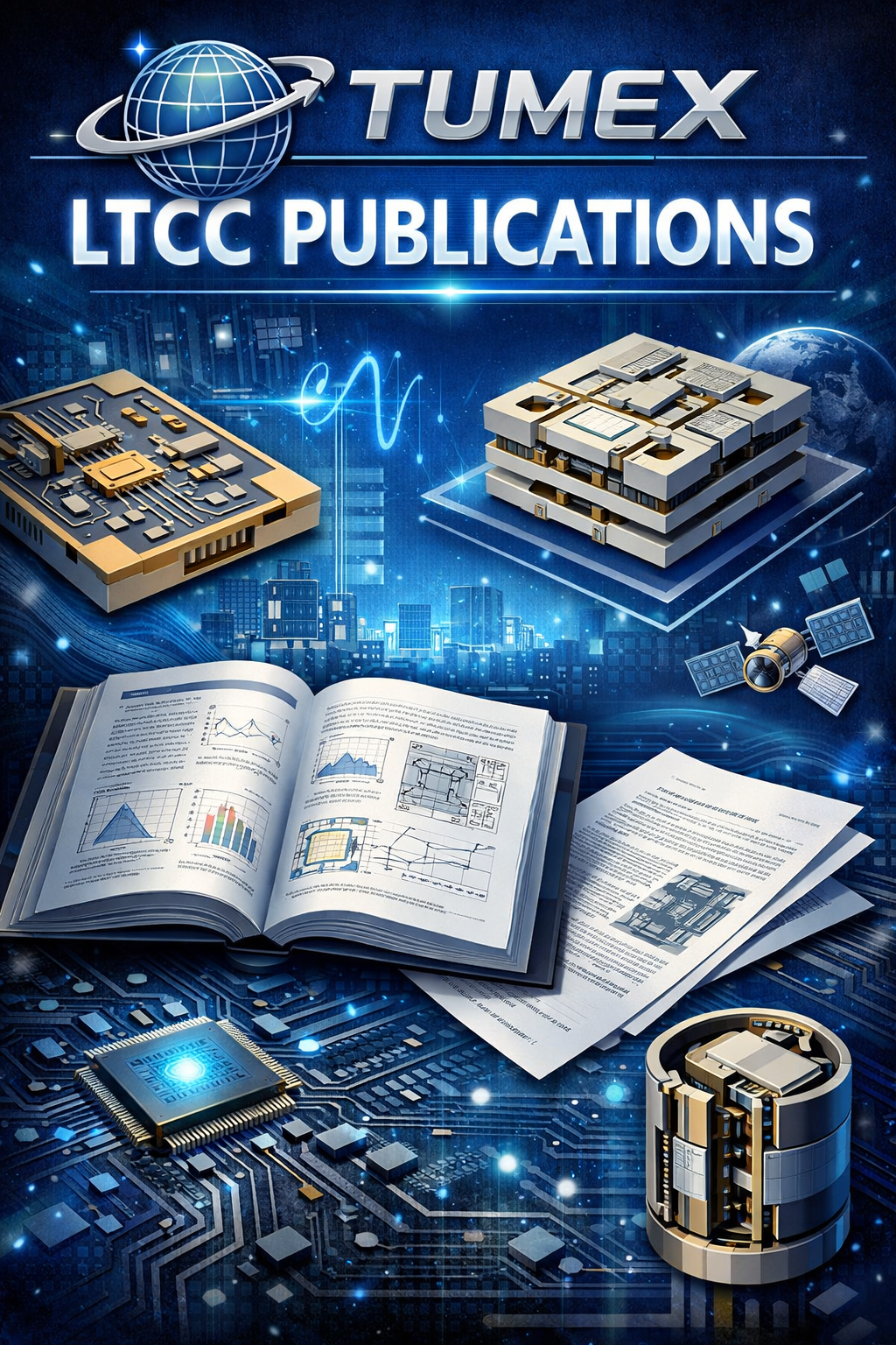 Futuristic digital illustration featuring circuitry, printed documents with graphs and charts, microchips, and satellite models, with a space-themed background including Earth and a globe, promoting technology and scientific publications.