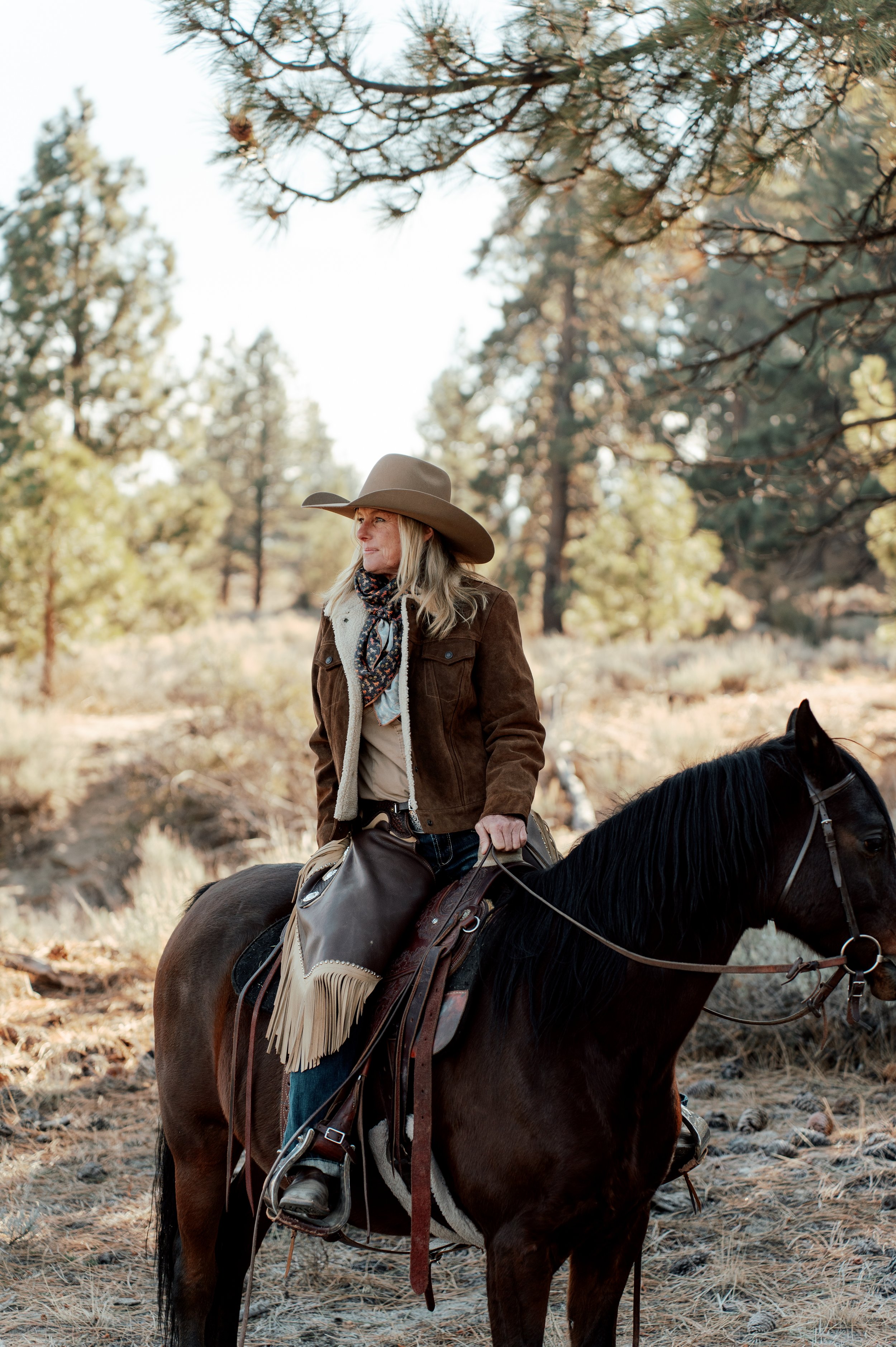 Cowboy riding a brown horse in a forest