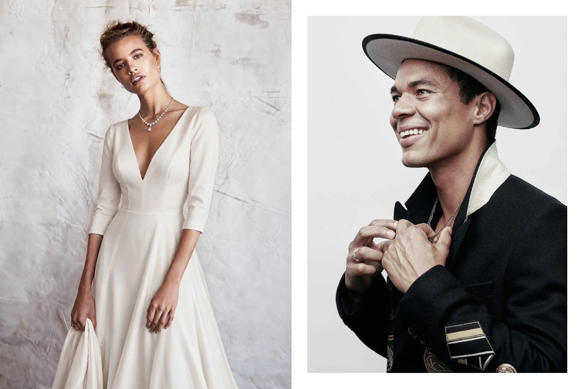 Paired portraits of a woman in an ivory V-neck gown and necklace, and a smiling man wearing a pale wide-brimmed hat and dark jacket.