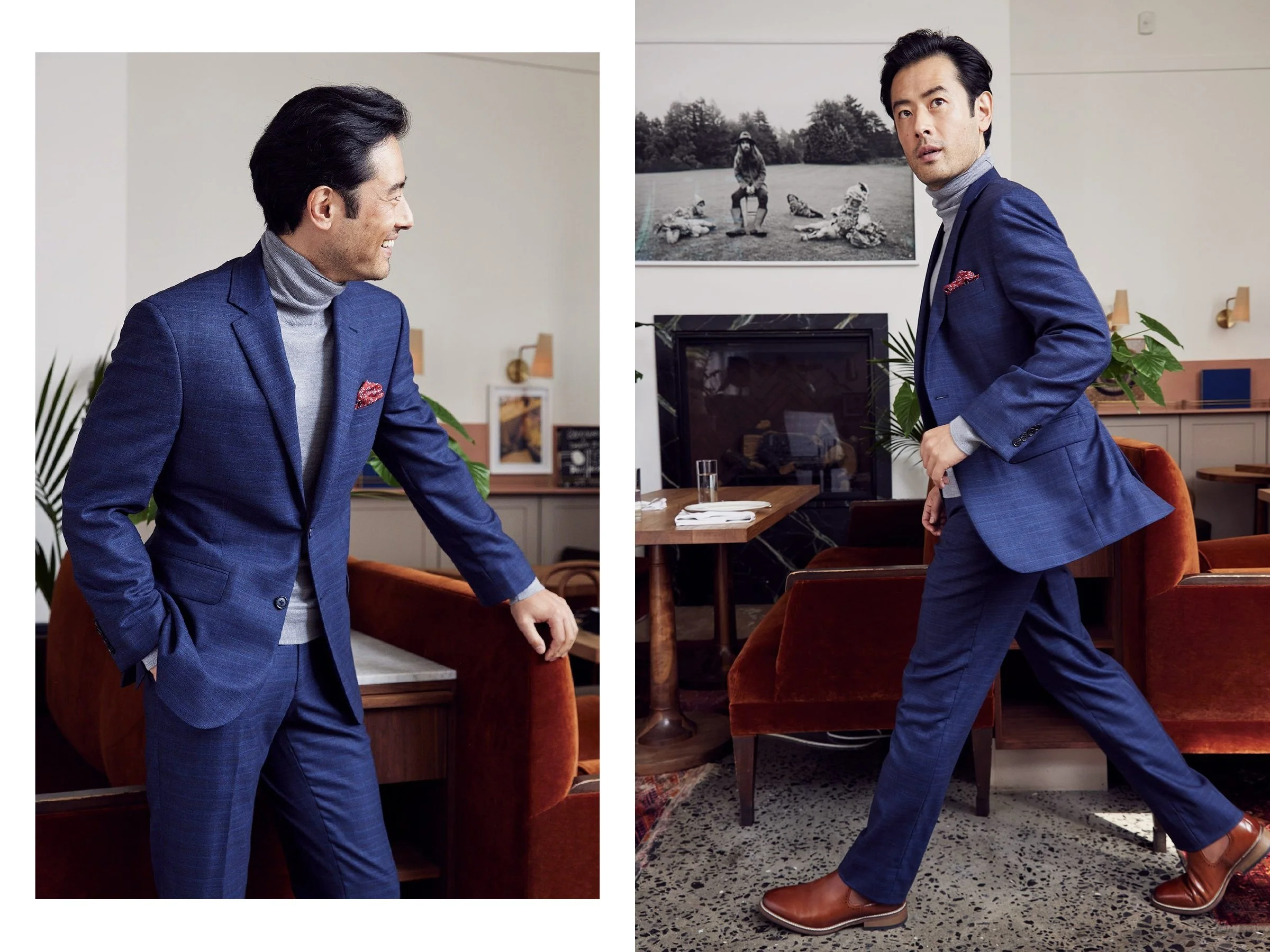 Two portraits of a man in a blue suit and gray turtleneck, standing and walking through a room with rust-colored chairs and a fireplace.