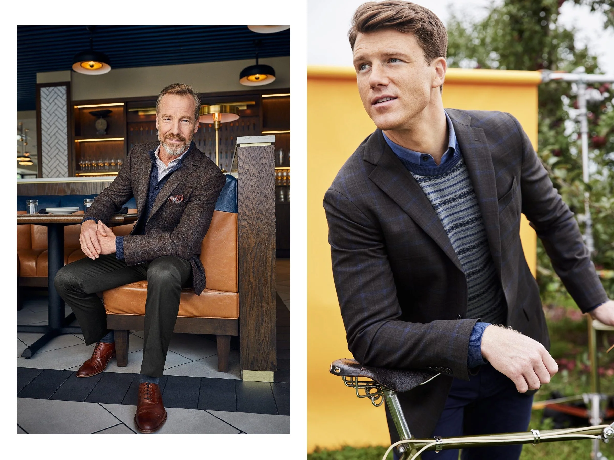 A bearded man seated in a restaurant booth wearing a blazer and brown shoes, beside an outdoor portrait of a man in a dark blazer leaning on a bicycle.
