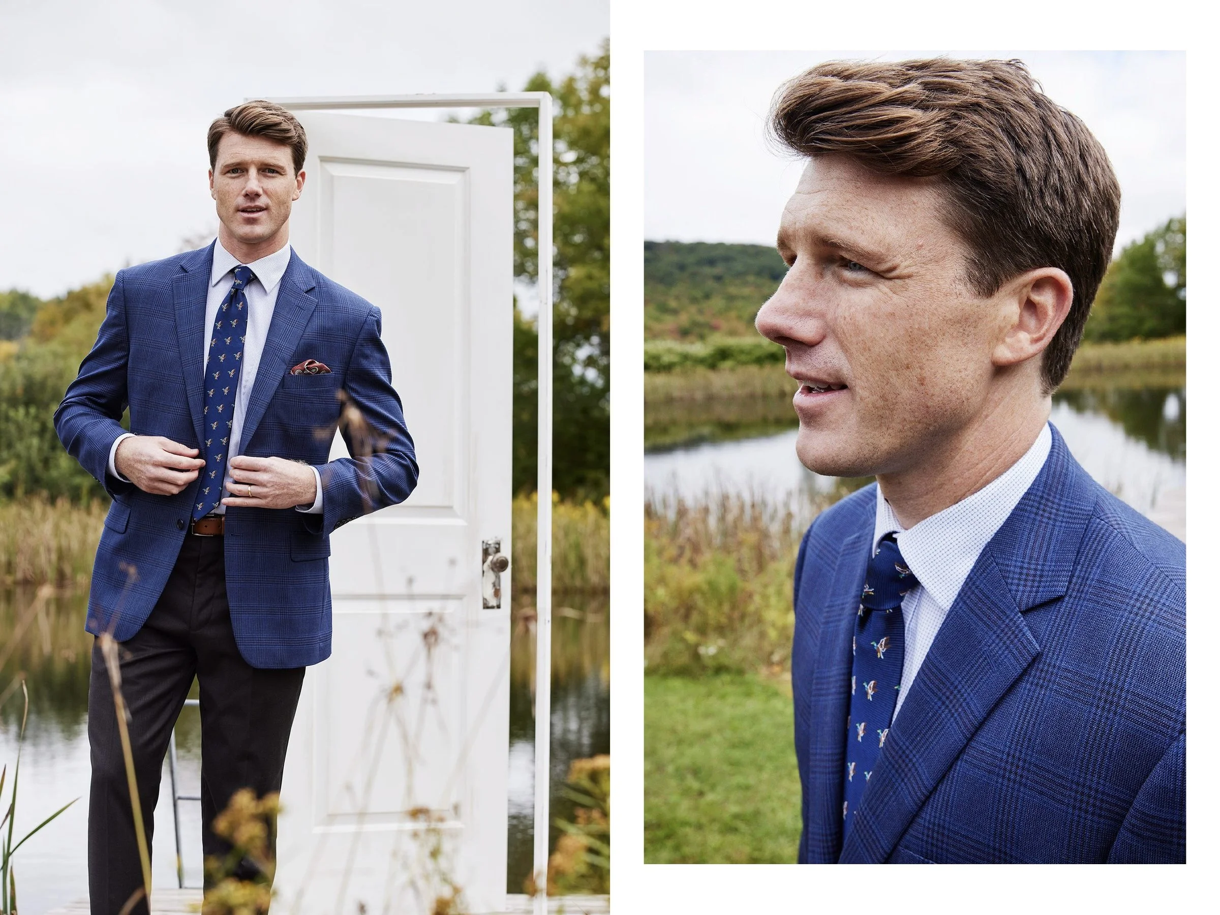 Two outdoor portraits of a man in a blue checked blazer and patterned tie: standing beside a freestanding white door and in profile near a pond.