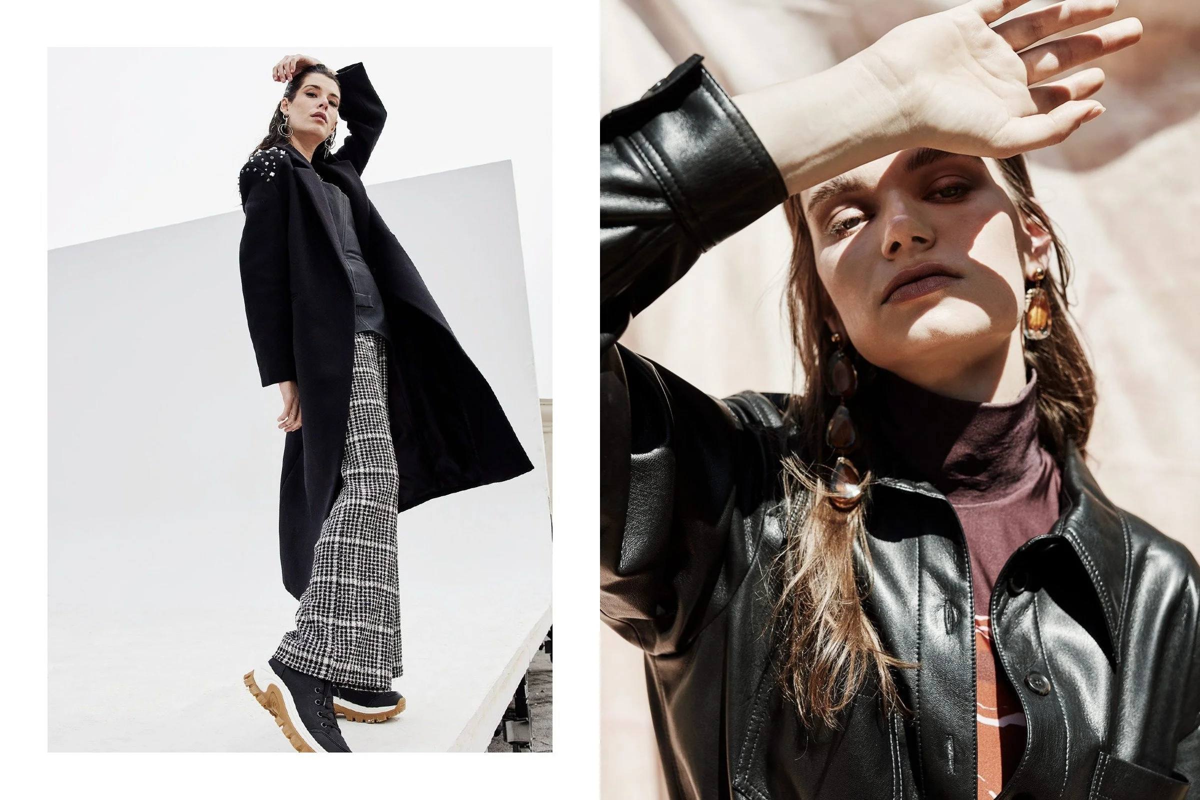 Paired fashion portraits of a woman in a long black coat and checked trousers, and a close-up in a leather jacket with one arm raised against the sunlight.