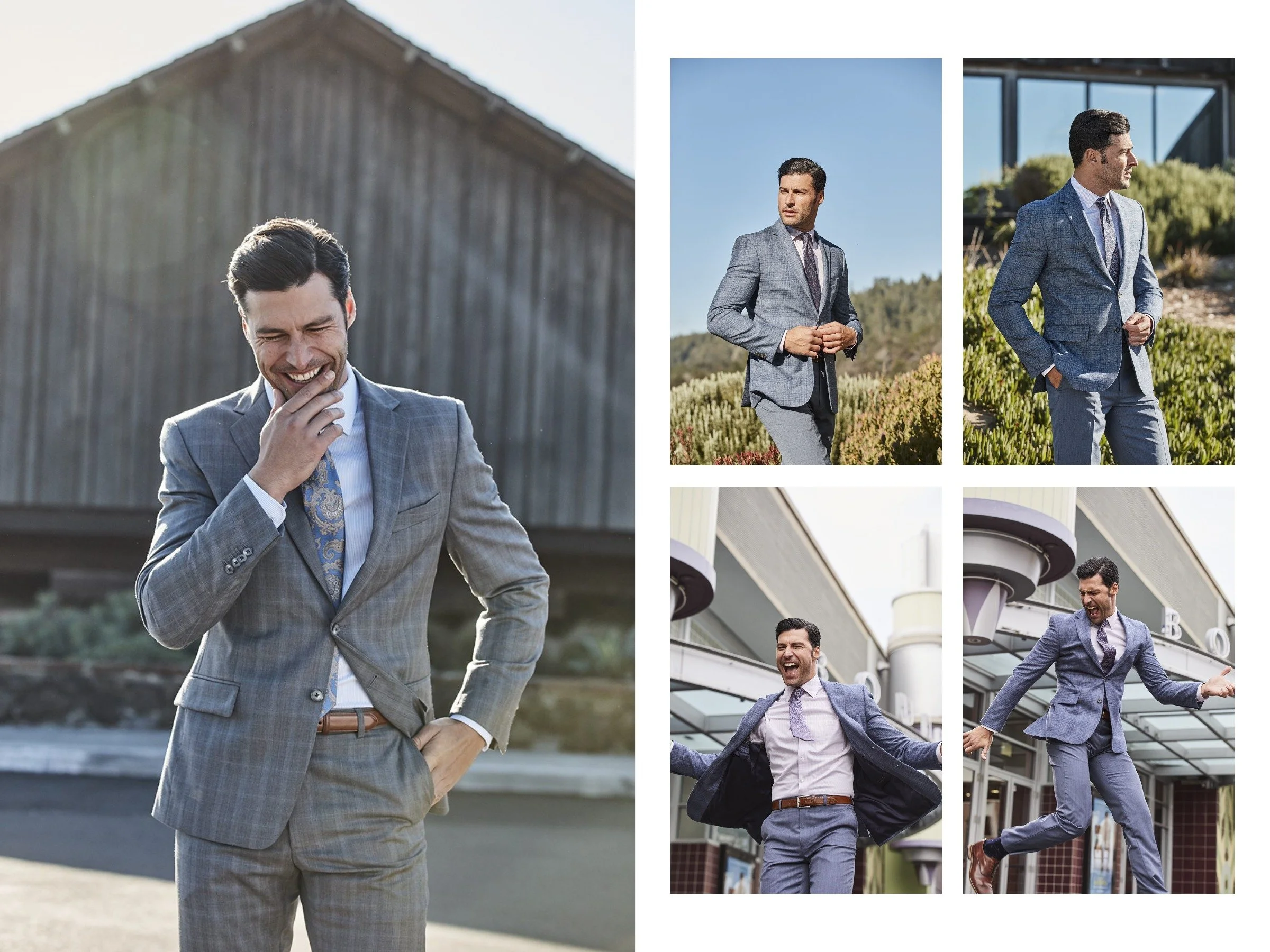 Five outdoor photographs of a man in a gray suit, including a laughing portrait, standing poses among shrubs, and playful jumping poses beside a building.