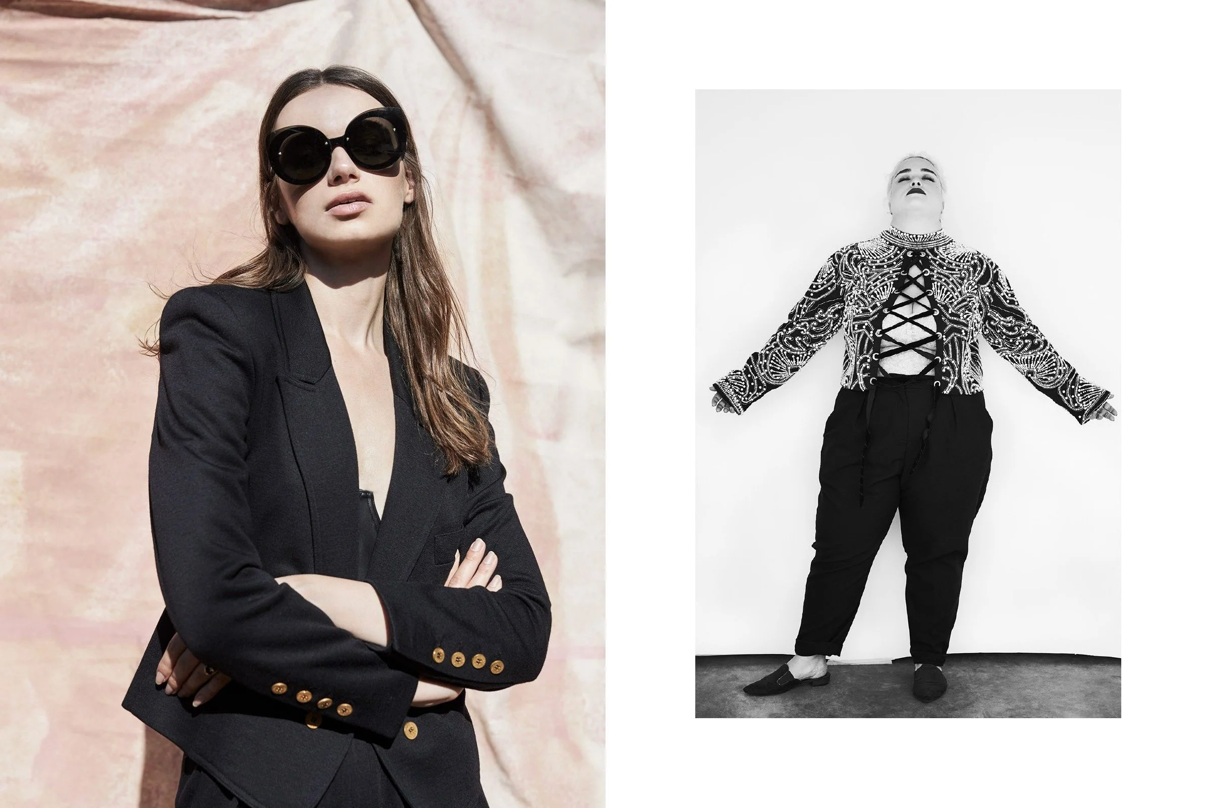 A woman in oversized sunglasses and a black blazer with folded arms, paired with a black-and-white full-length portrait of a woman in an ornate lace-up jacket.