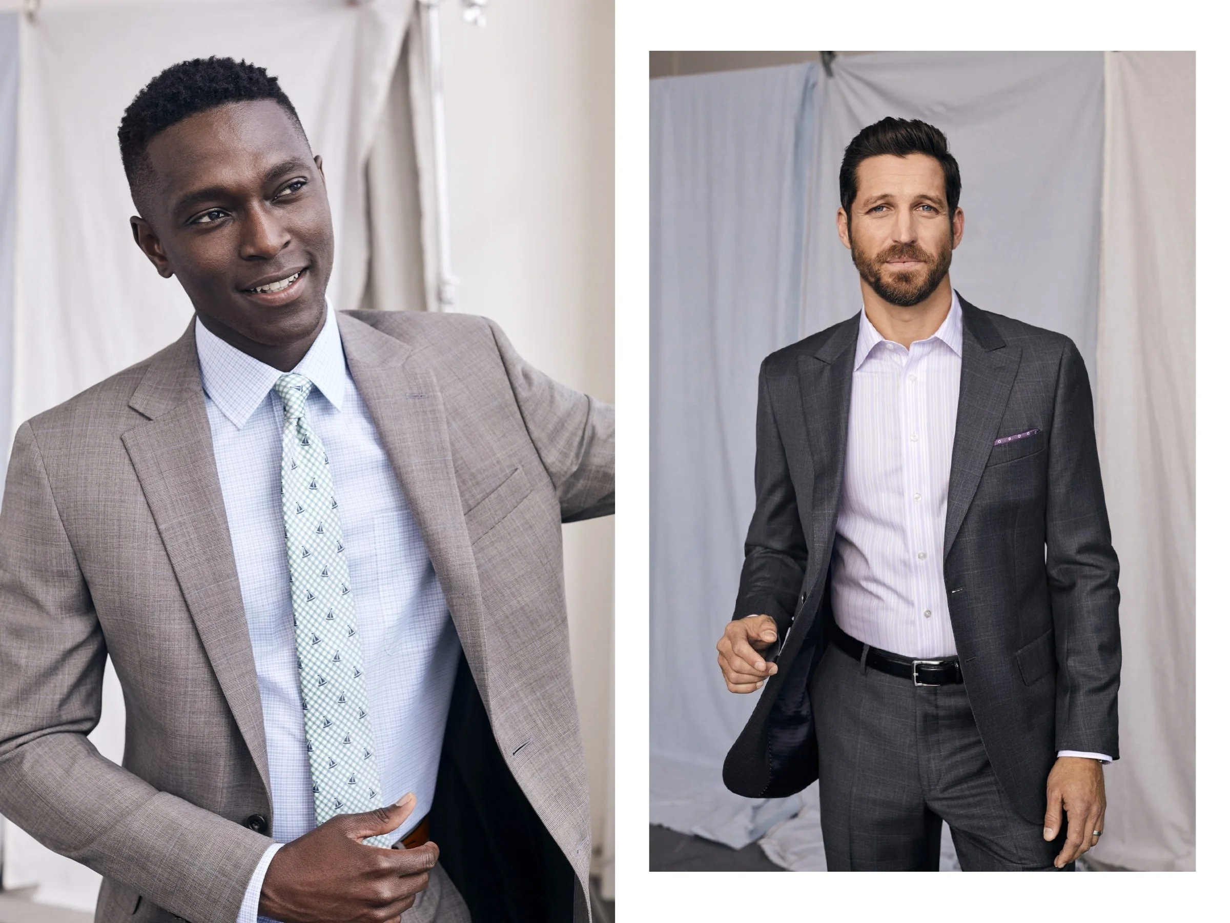 Two portraits of men in suits against pale fabric backdrops: one in a light checked suit and patterned tie, the other in a dark suit with an open-collar shirt.