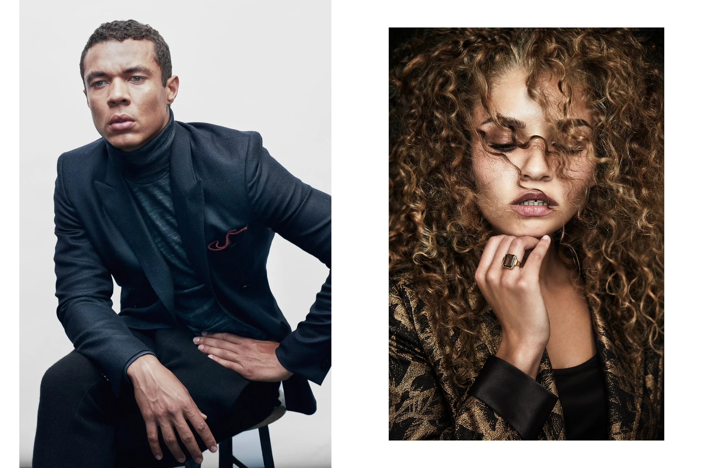 A seated man in a dark suit and turtleneck, paired with a close portrait of a curly-haired woman resting a ringed hand under her chin.