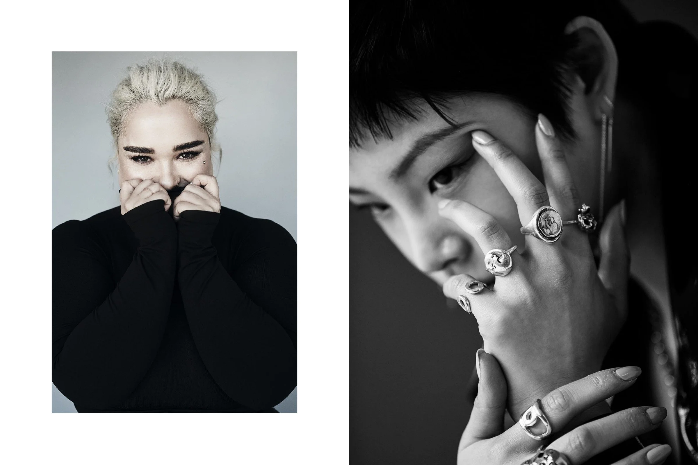 A blonde woman holding black sleeves near her smiling face, beside a black-and-white close-up of a short-haired person with ring-covered fingers framing one eye.
