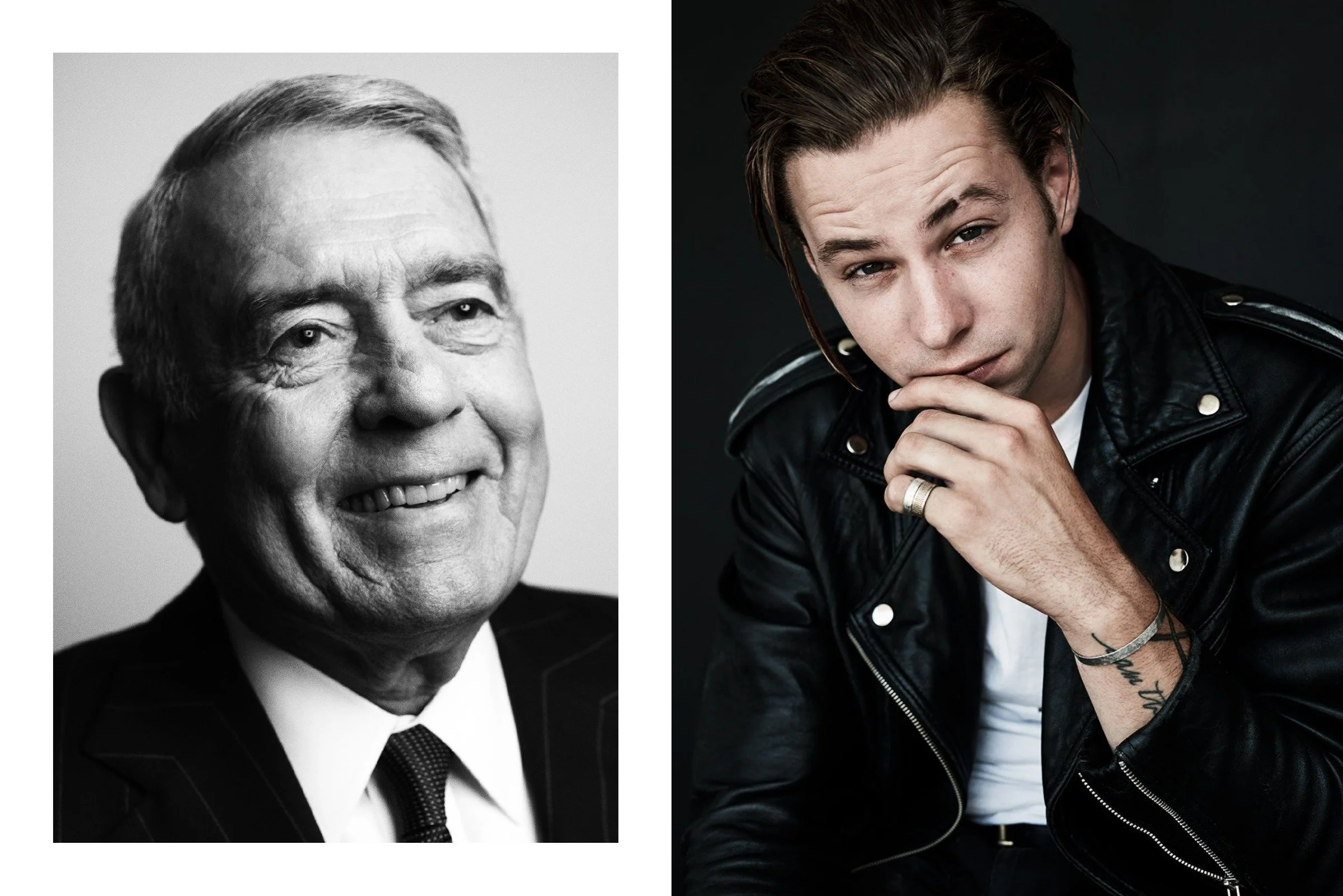 Paired portraits of a smiling older man in a suit and tie, in black and white, and a younger man in a black leather jacket with a hand near his mouth.