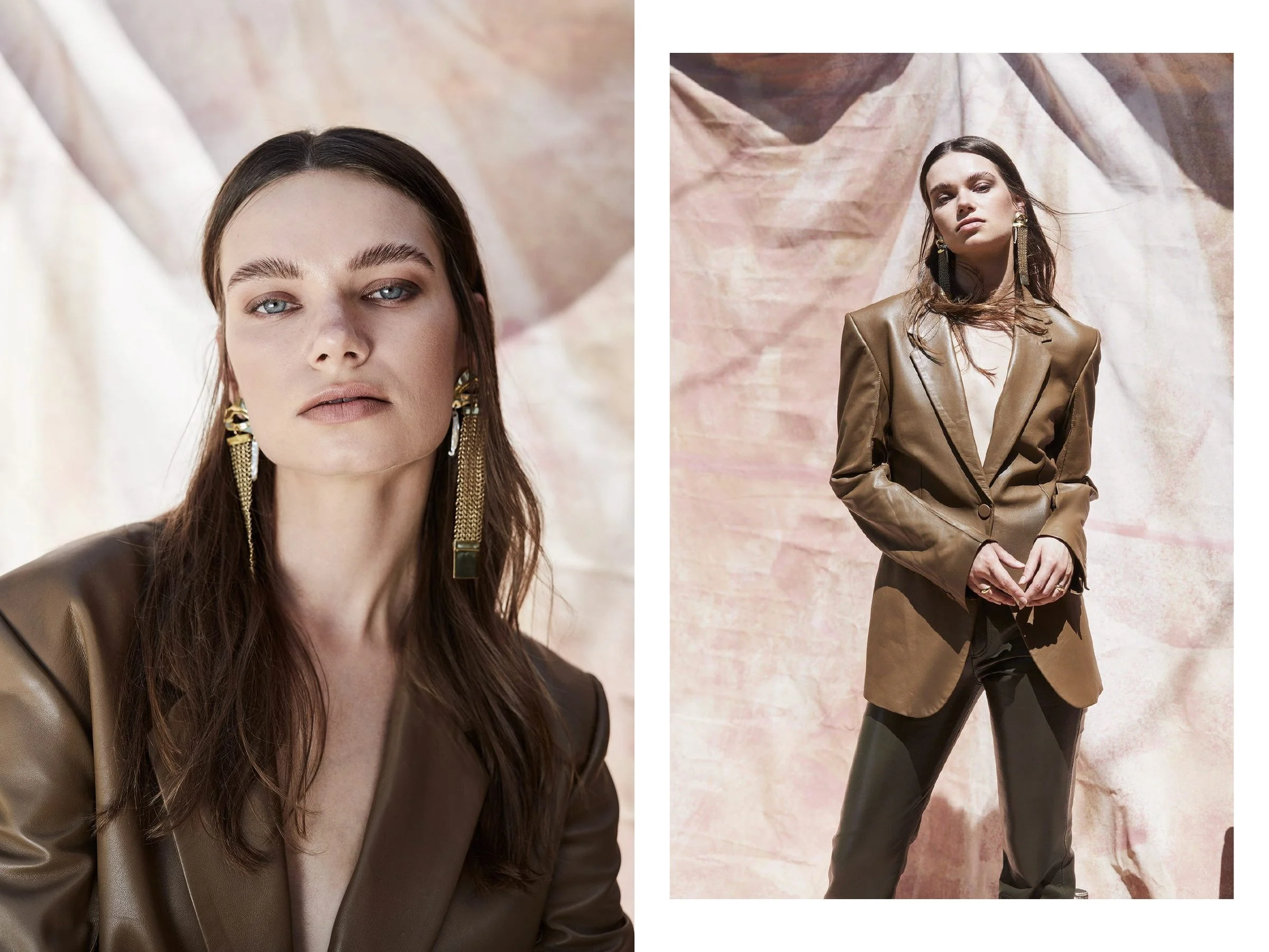 Close-up and three-quarter portraits of a woman in a bronze-brown suit and long gold earrings, posed against a softly colored fabric backdrop.