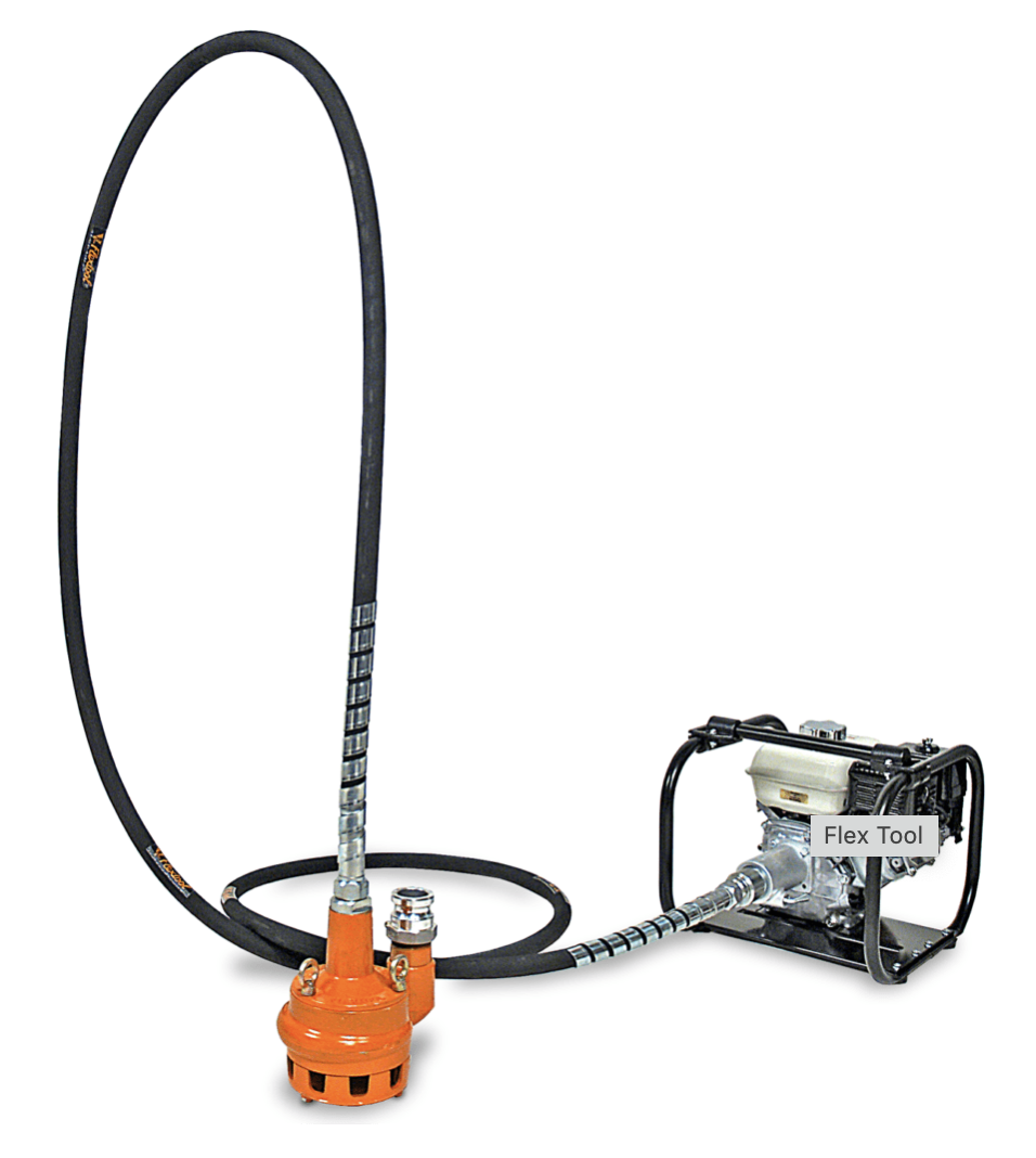 Industrial pump connected to a flexible hose and a motor labeled "Flex Tool".