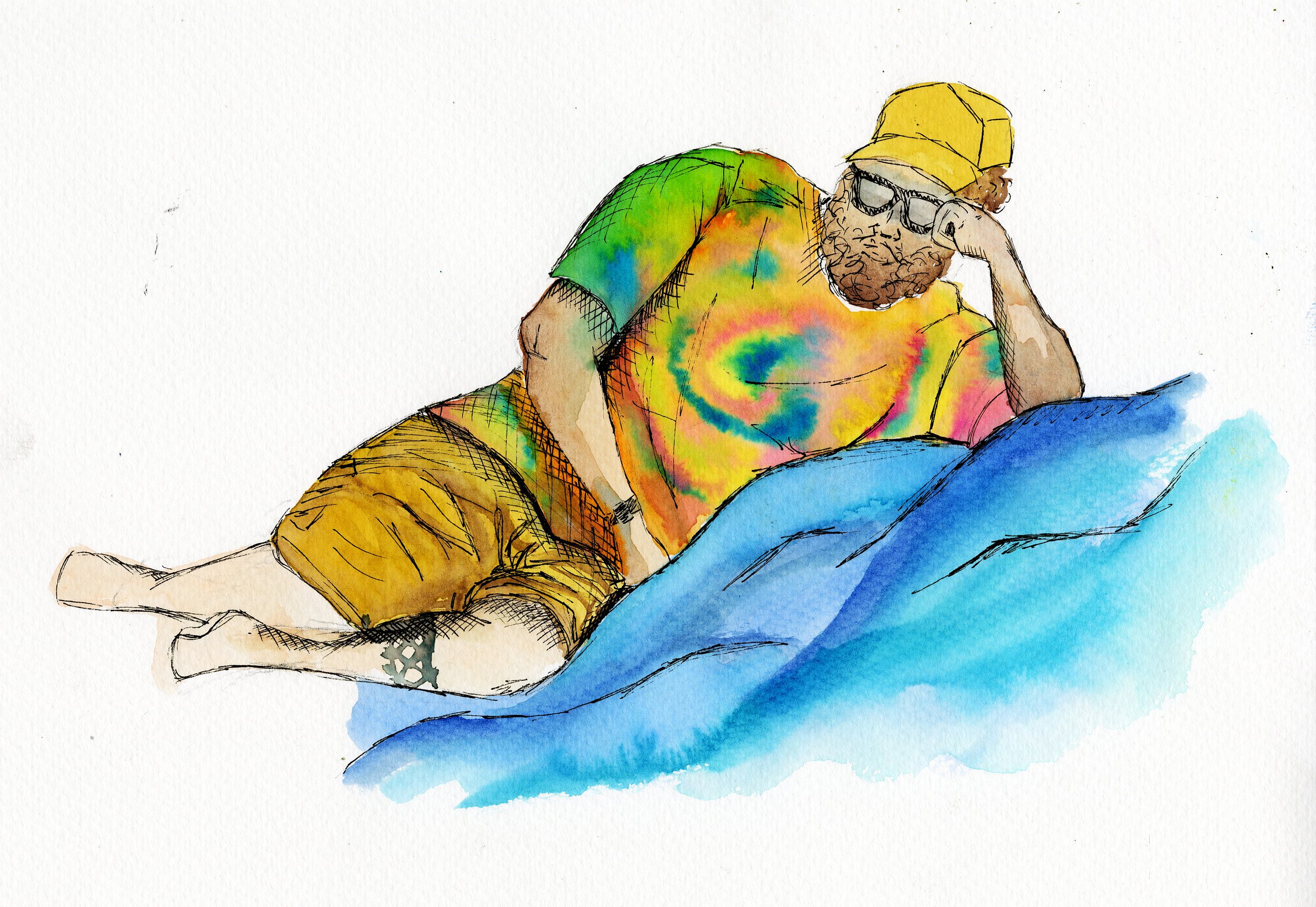 Tie Dyed and Chill. April 2025, Watercolor and Micron.