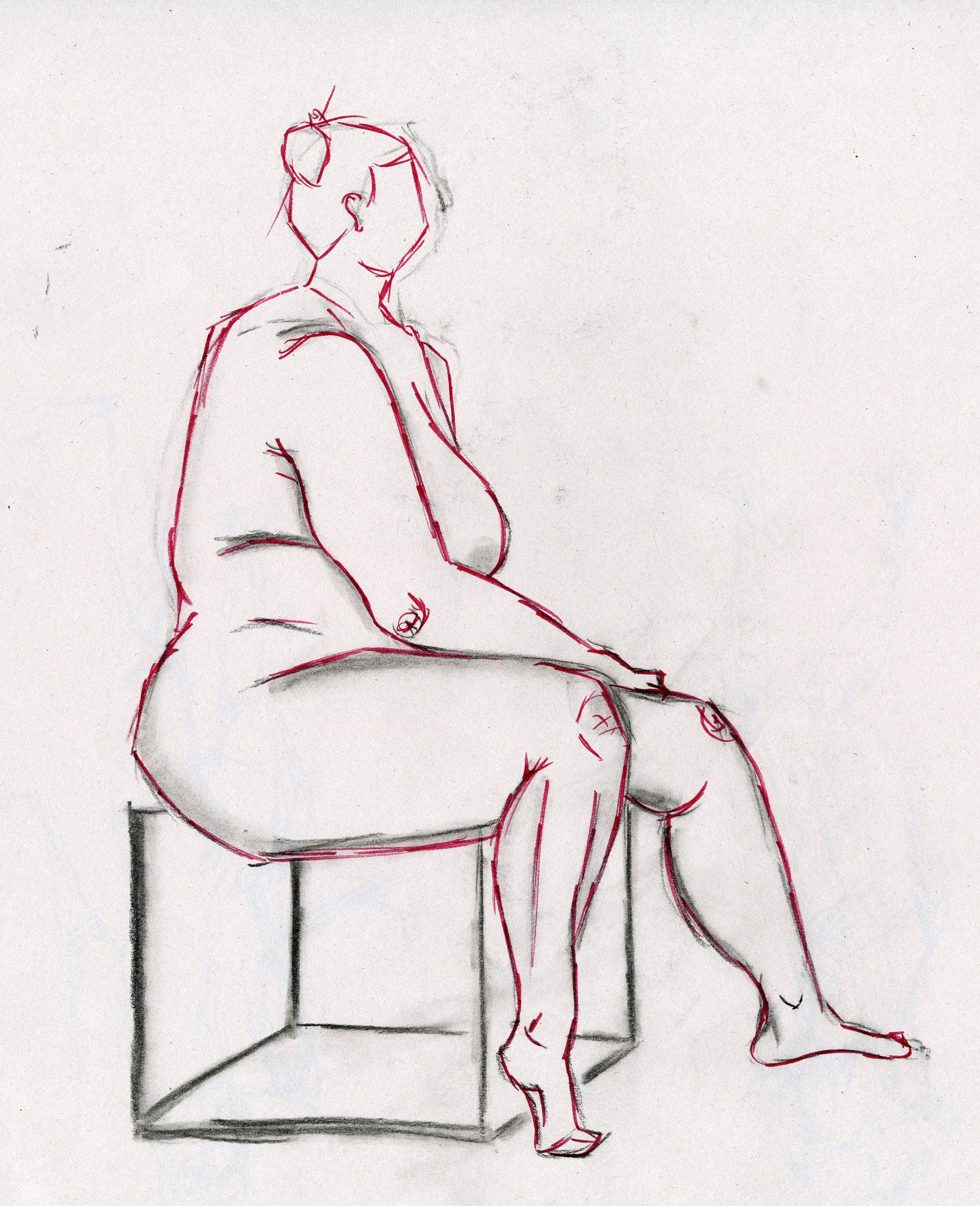 Seated Proportion Study. January 2025, Ebony Pencil and Micron.