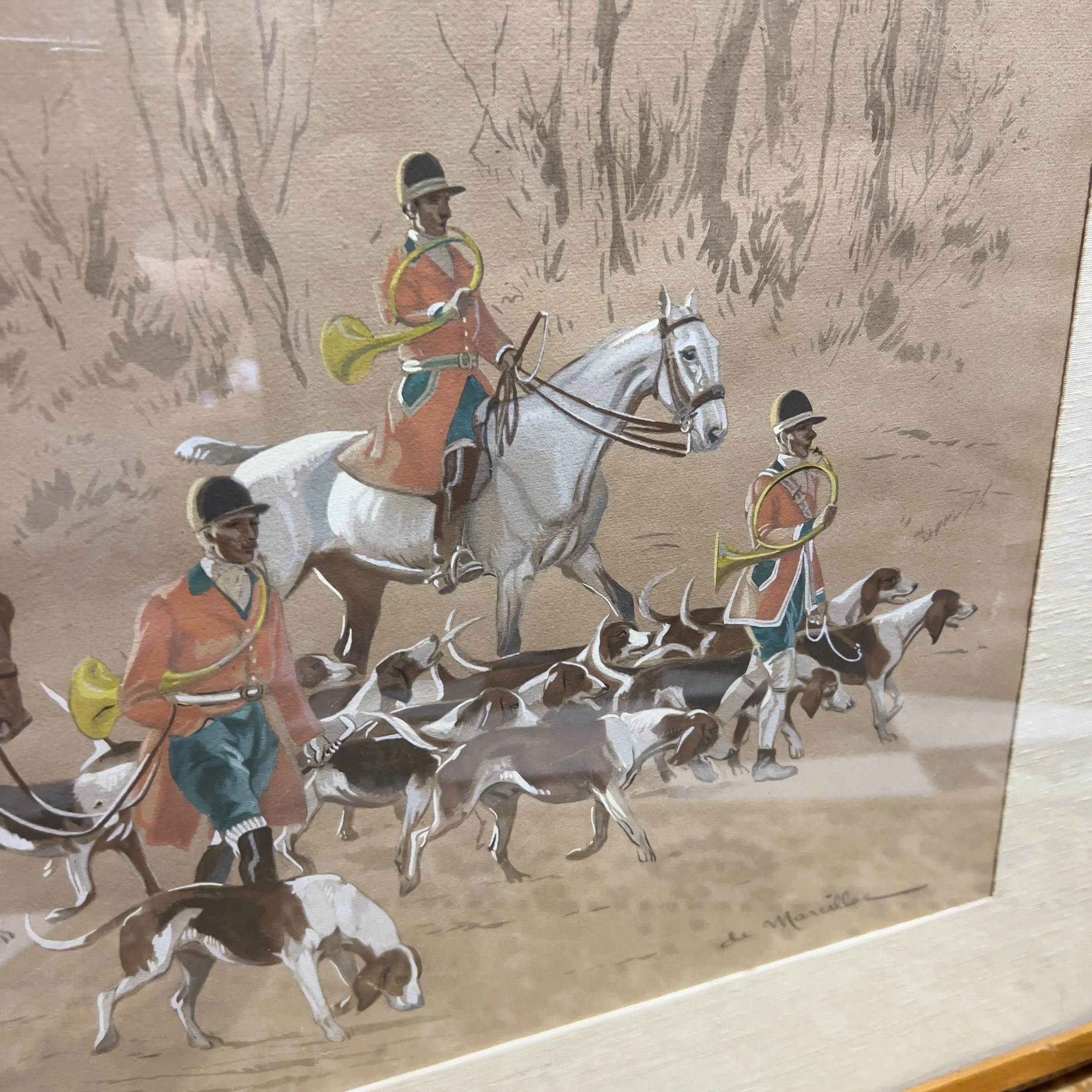 Vintage Hand Colored Hunting Scene French de Marcillac