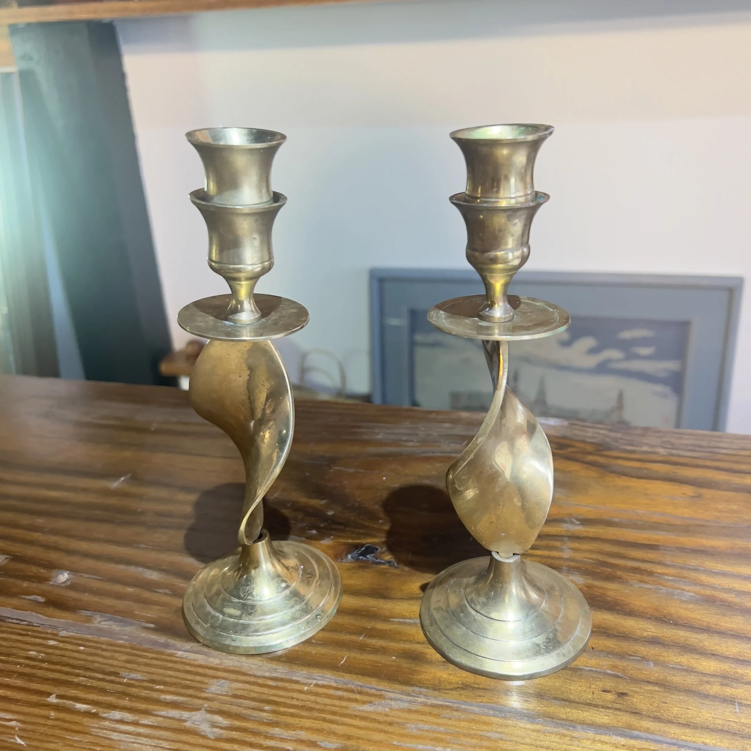 Vintage 80s Brass Turned Candlestick Holders