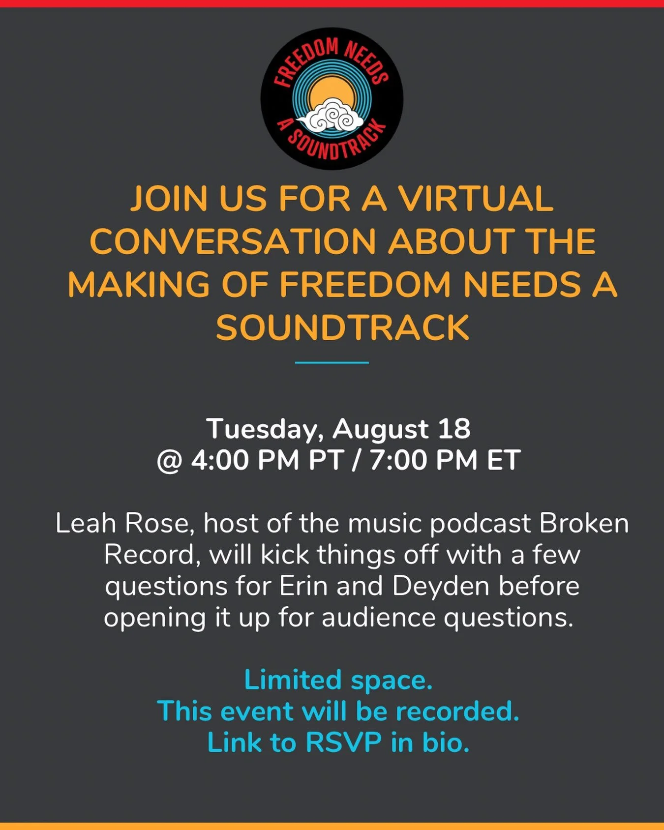 Join us on Tuesday, August 18 @ 4:00 PM PT / 7:00 PM ET for a virtual conversation about the concerts, the movement, the making of Freedom Needs a Soundtrack and more. Leah Rose, host of the music podcast Broken Record, will kick things off with a fe