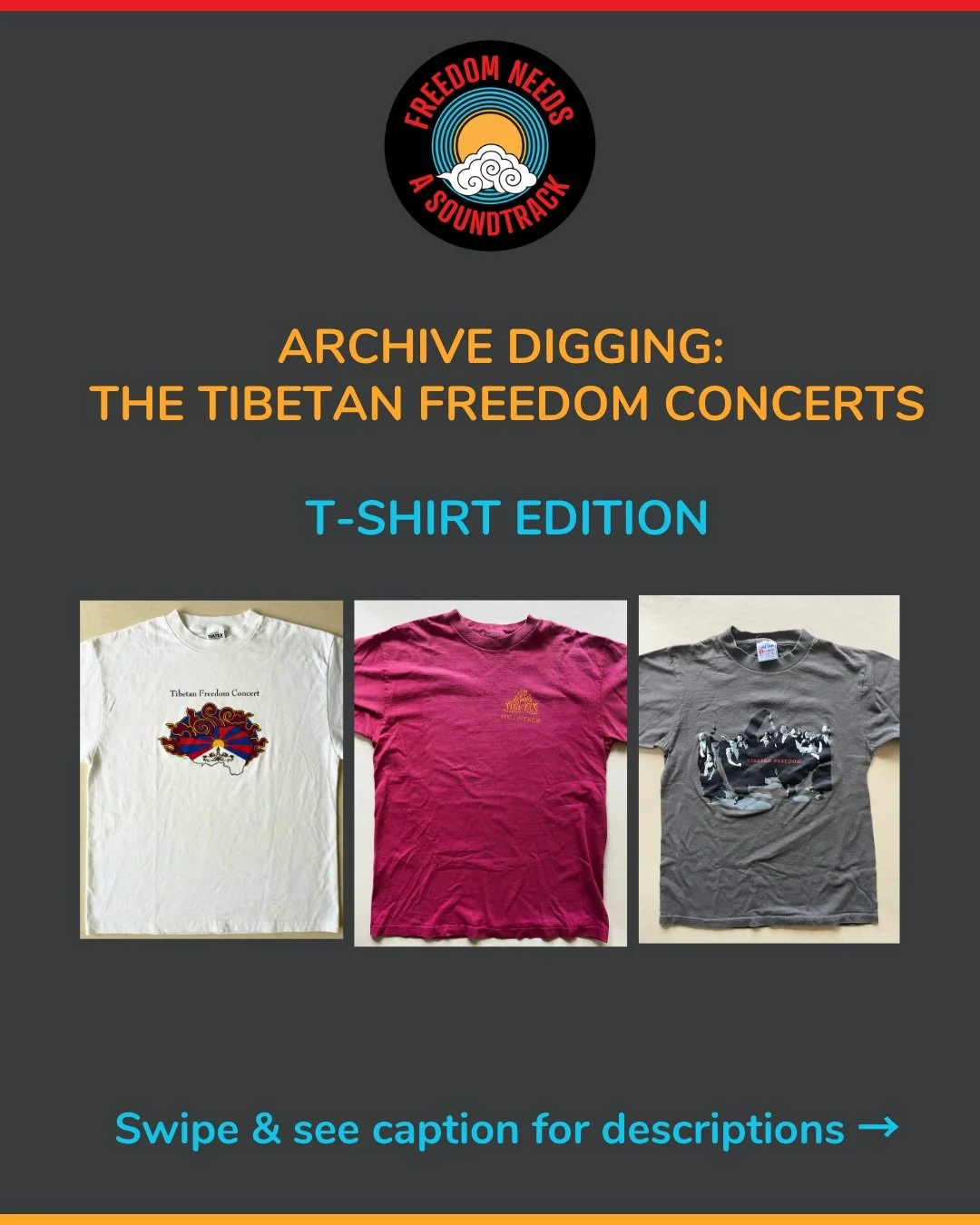 More from Erin's Tibetan Freedom Concert archive: the T-shirts.

These are the few that somehow survived 30 years of moves, wear, and time.

Slides 2&ndash;3: The T-shirt from the very first Tibetan Freedom Concert in San Francisco, designed by @urba