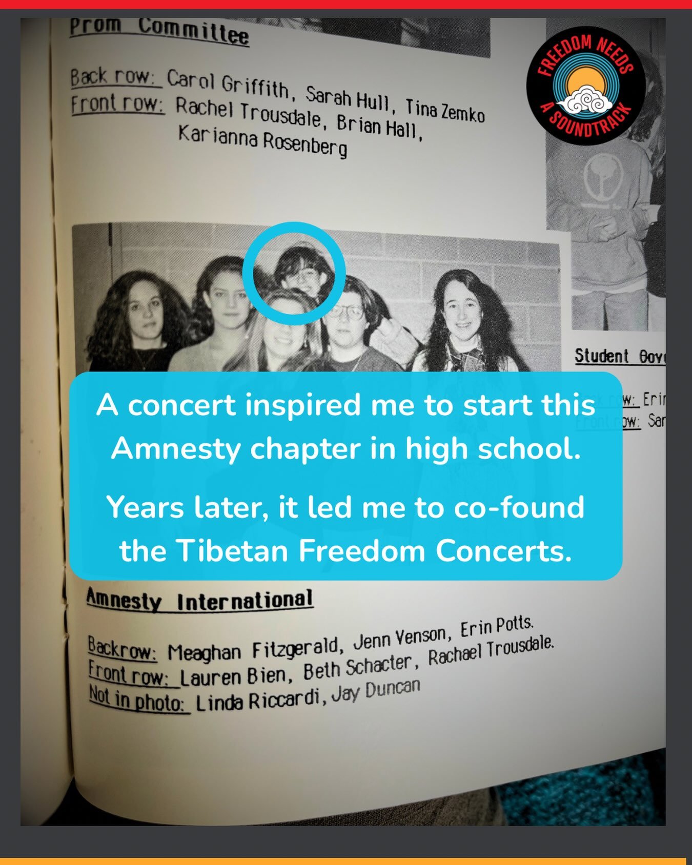 The day after I watched an Amnesty International concert where my favorite band talked about writing letters for political prisoners and starting chapters at schools, I started one at mine. That&rsquo;s me, barely visible in the back row of our yearb