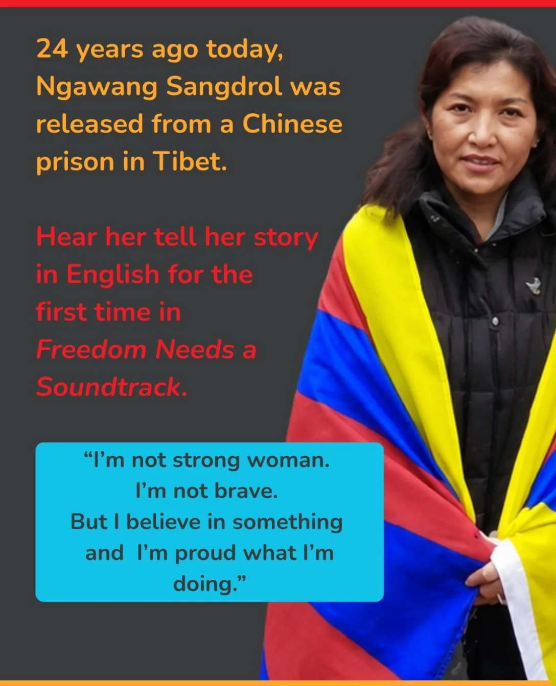 On October 17, 2002, Ngawang Sangdrol was released from prison.

She had been imprisoned as a teenager for peacefully calling for Tibetan freedom. Inside Drapchi prison, she and other Tibetan nuns secretly recorded songs of resistance. When the recor