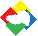Country shape overlayed on a flag with red, black, yellow, green, and blue sections.