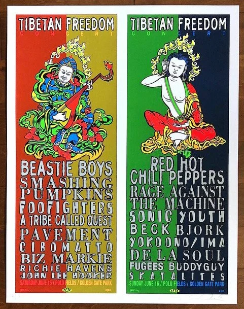 Side-by-side posters with the title 'Tibetan Freedom.' The left poster has a colorful illustration of a deity and a list of bands including Beastie Boys and Smashing Pumpkins. The right poster features an illustration of a seated figure and lists bands like Red Hot Chili Peppers and Sonic Youth.