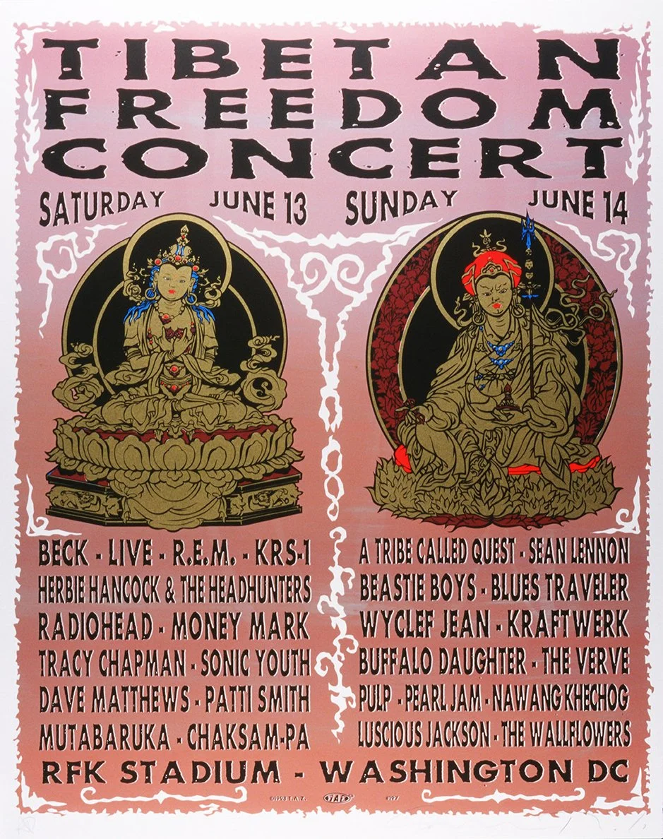 Poster for Tibetan Freedom Concert with illustrated deities and event details, including dates June 13 and 14, 1997, at RFK Stadium in Washington D.C., featuring various bands.