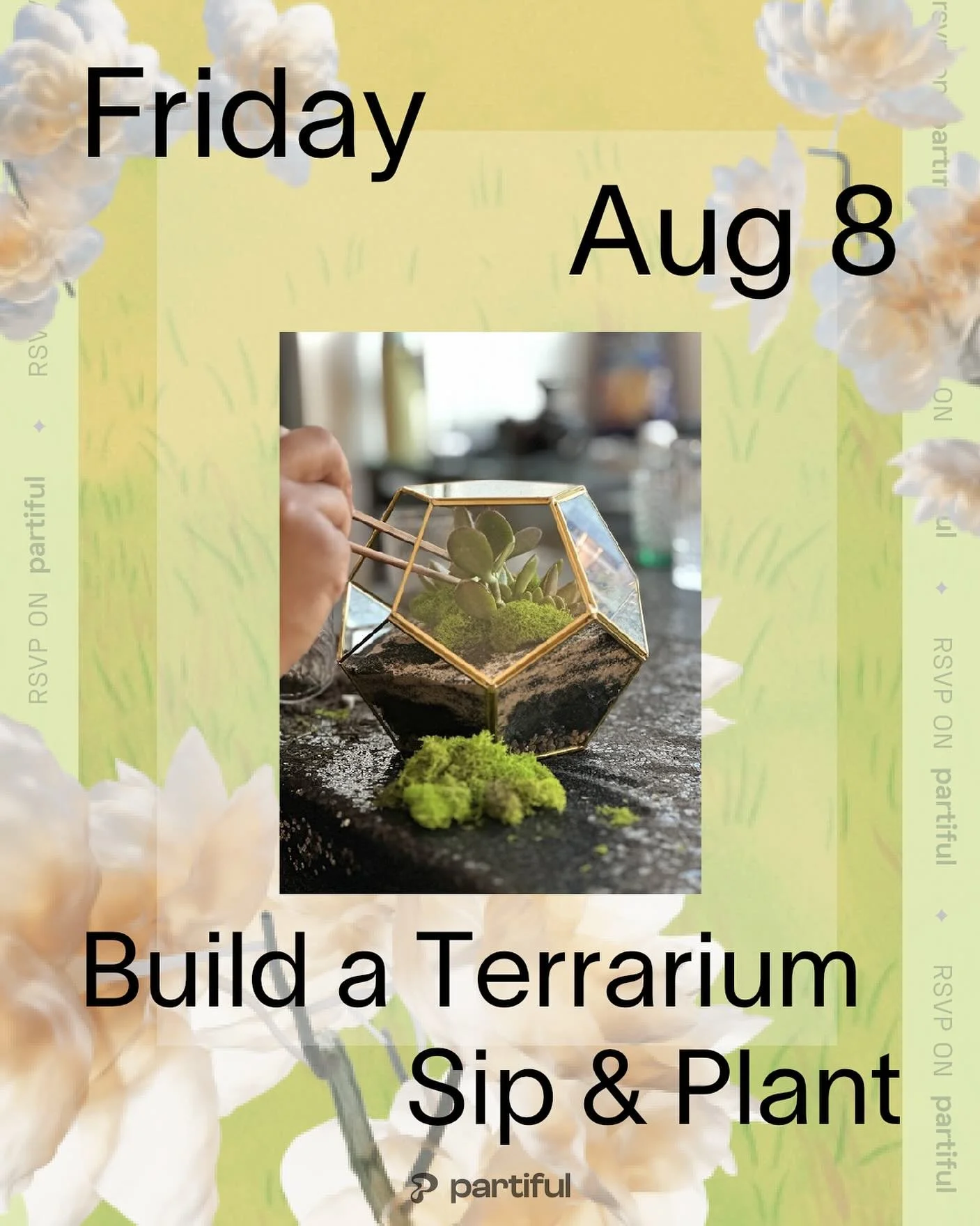 🌿 DIY Terrarium Workshop with Sips &amp; Nibbles 

Join us for a fun, hands on afternoon of building your own beautiful terrarium! Paired with light sips &amp; nibbles in a creative setting!

All materials and refreshments are provided.

Come craft,
