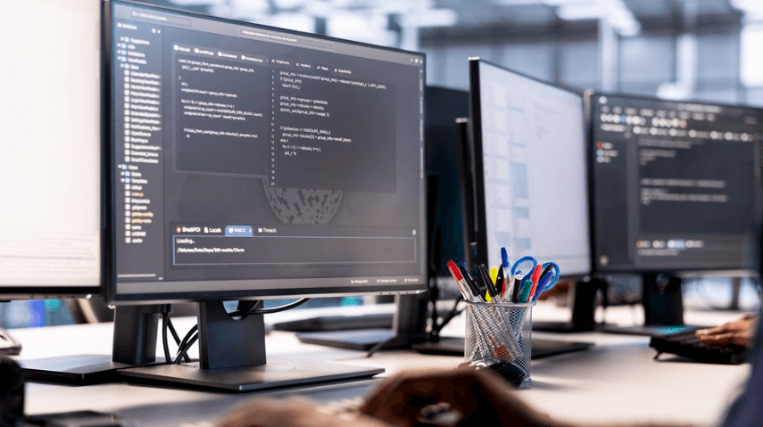 Professional developing or implementing IT systems on multiple monitors