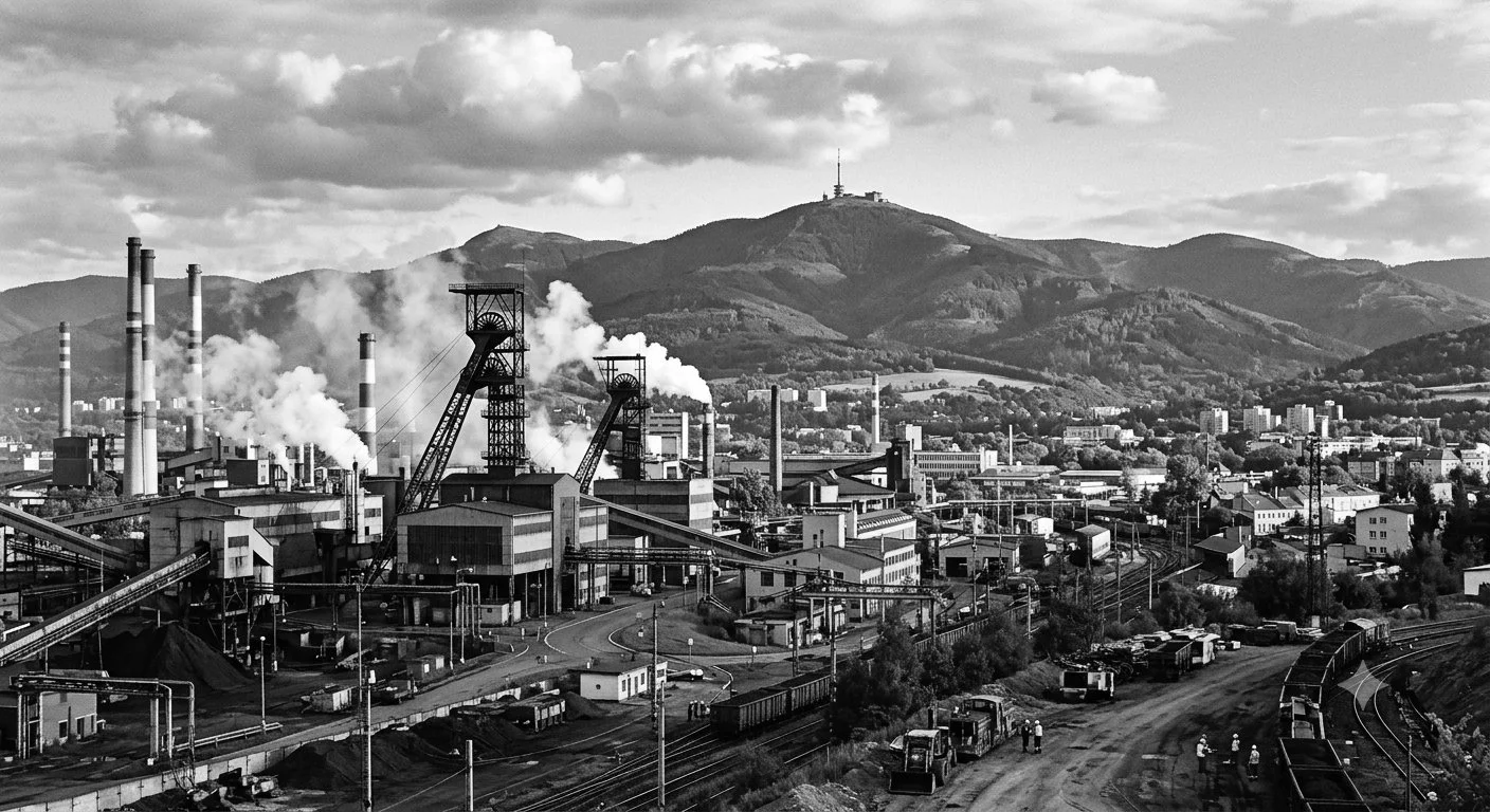 Black and white photo of an industrial cityscape with factories emitting smoke, train tracks with trains, and hills in the background.