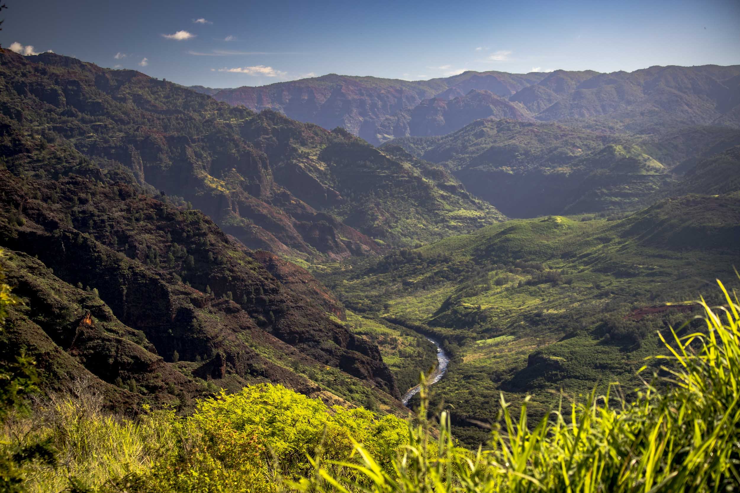 Lush green canyon with a winding river under a clear blue sky, surrounded by rugged mountains. Waimea Canyon, Hawaii.