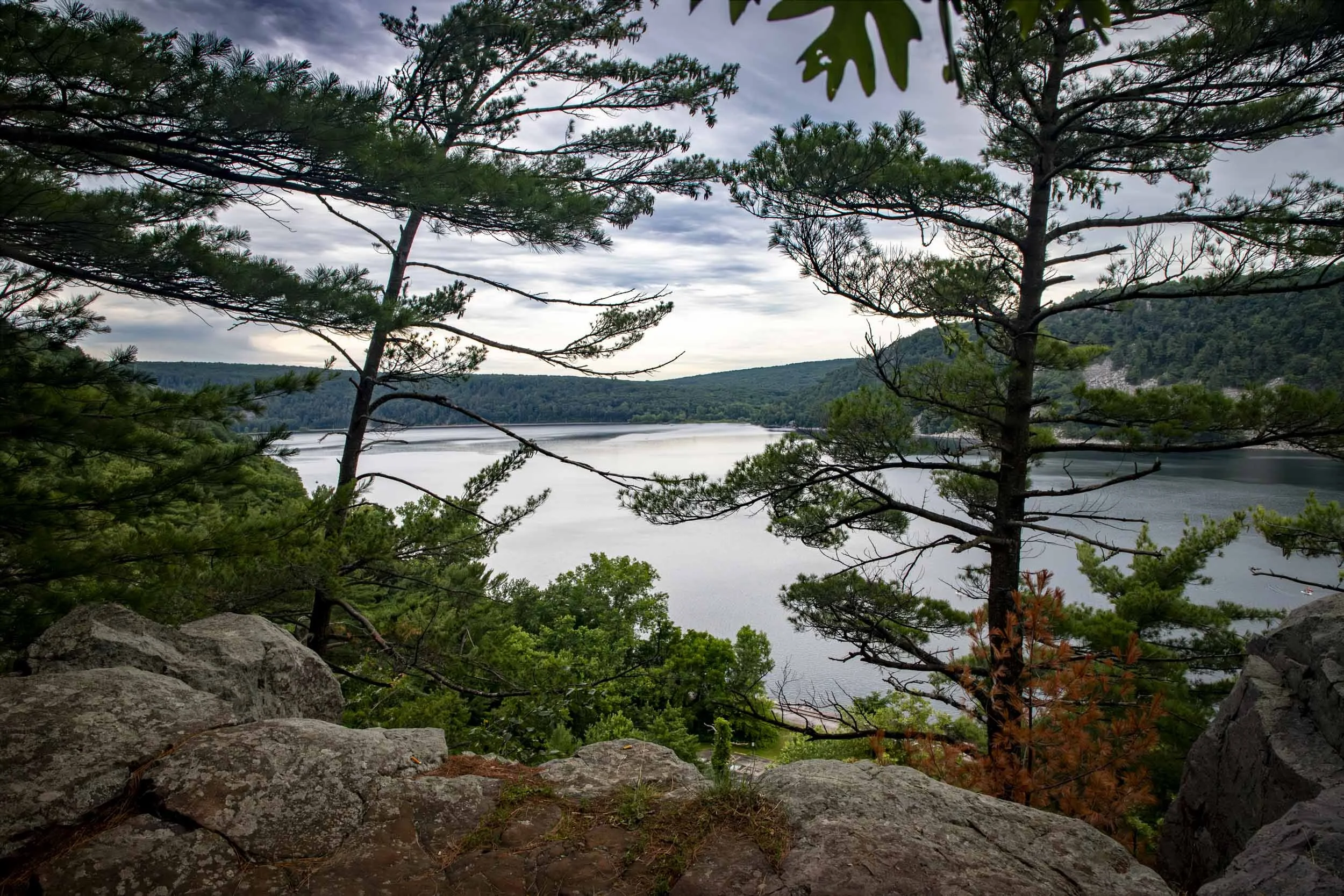 scenic view of a lake from a rocky cliff surrounded by pine trees in Wisconsin