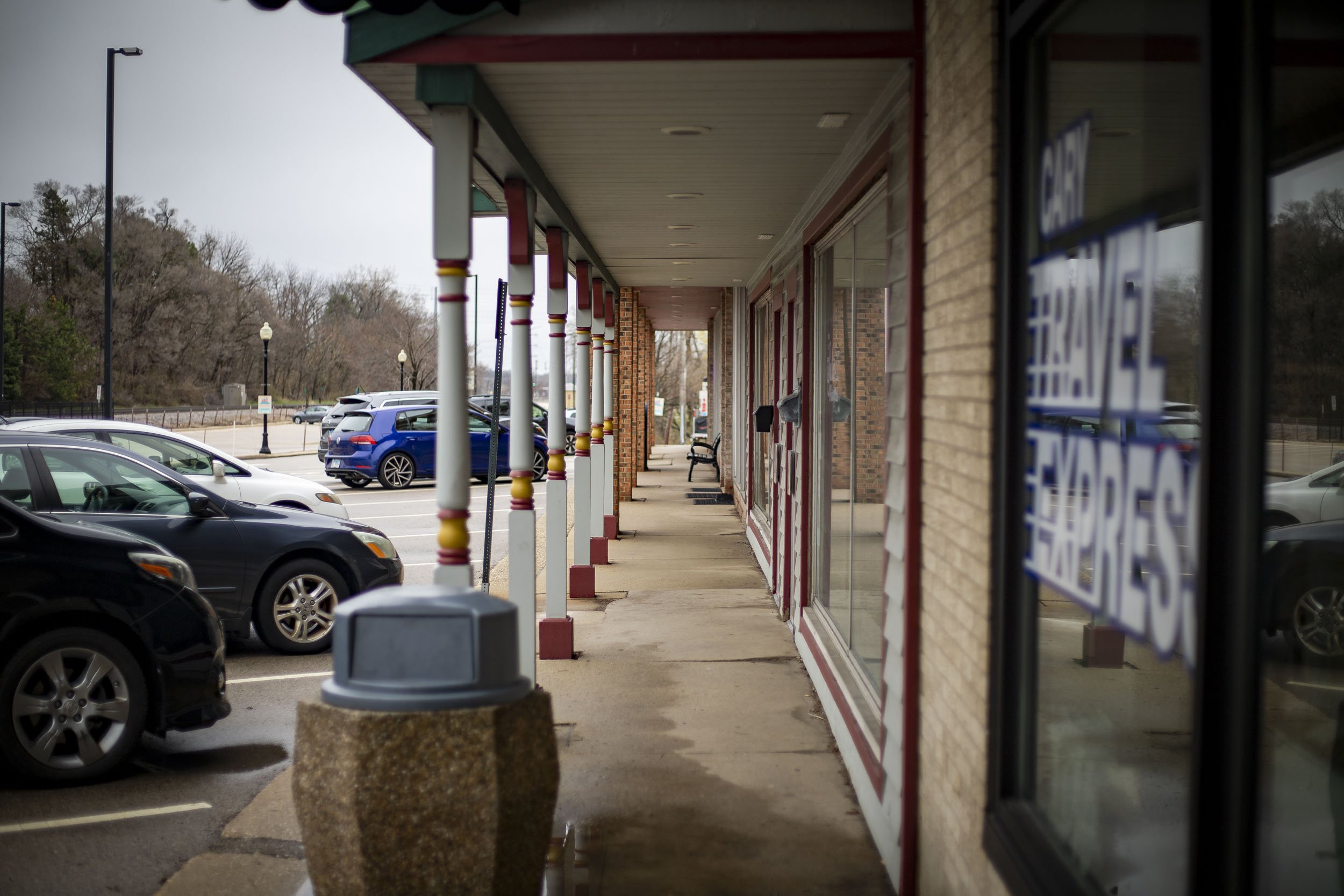 The shopping block corridor on the east side of the center.  (2026)