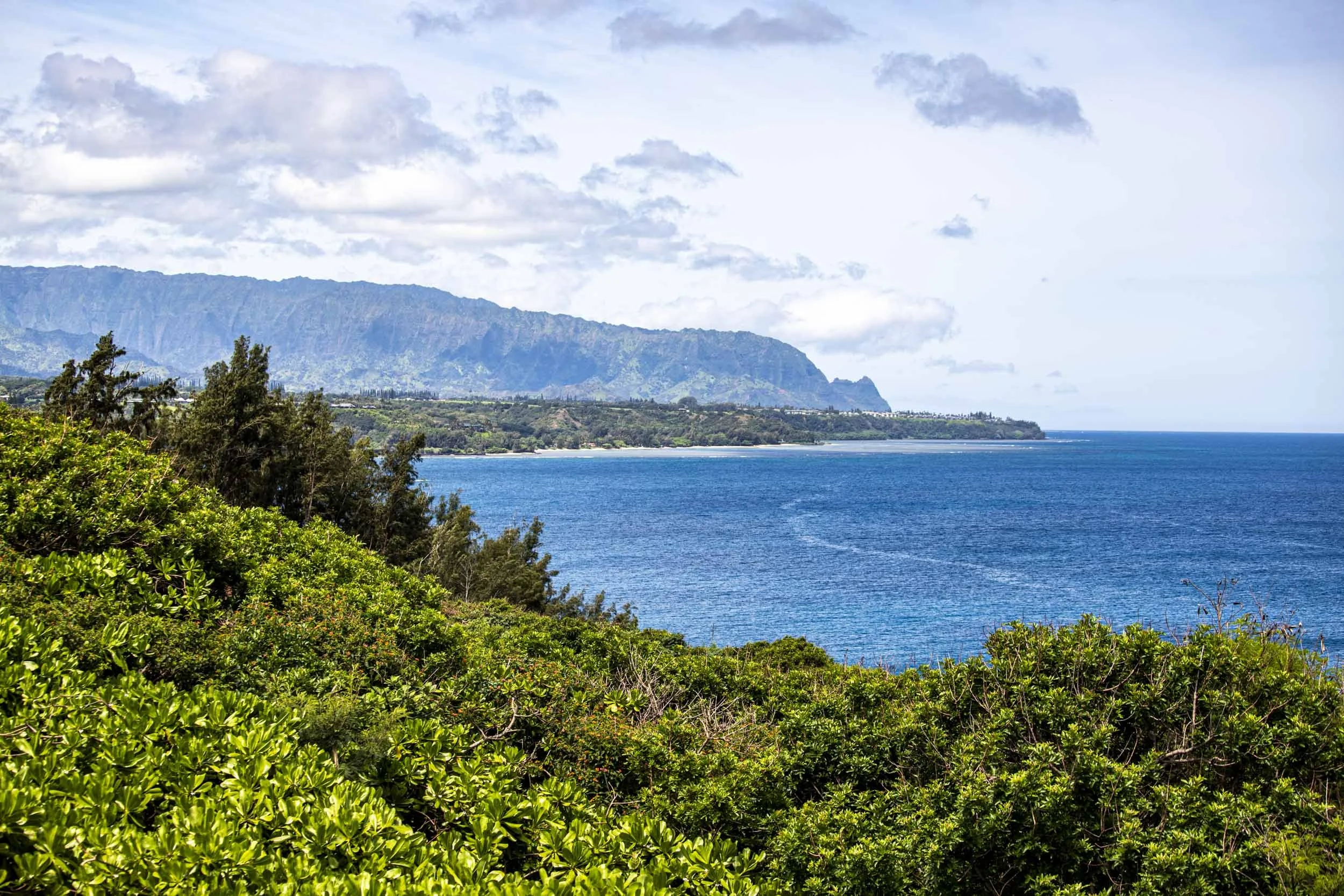Lush green cliffs meet deep blue ocean under a partly cloudy sky. Location: North Shore, Oahu, Hawaii.