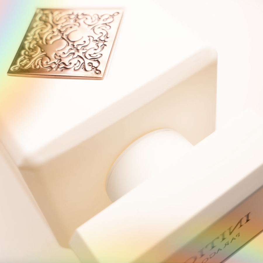 Close-up of a beige soap dish with a decorative metallic square on top, placed in a shower or bathroom area.