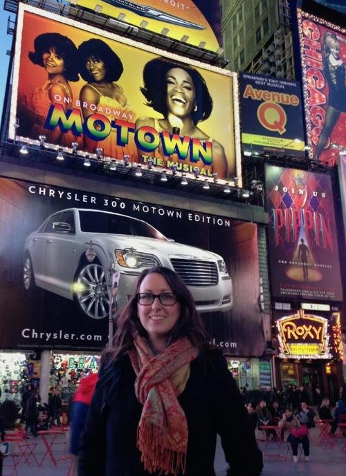 Cathy Parrott with Motown: the Musical Times Square billboard