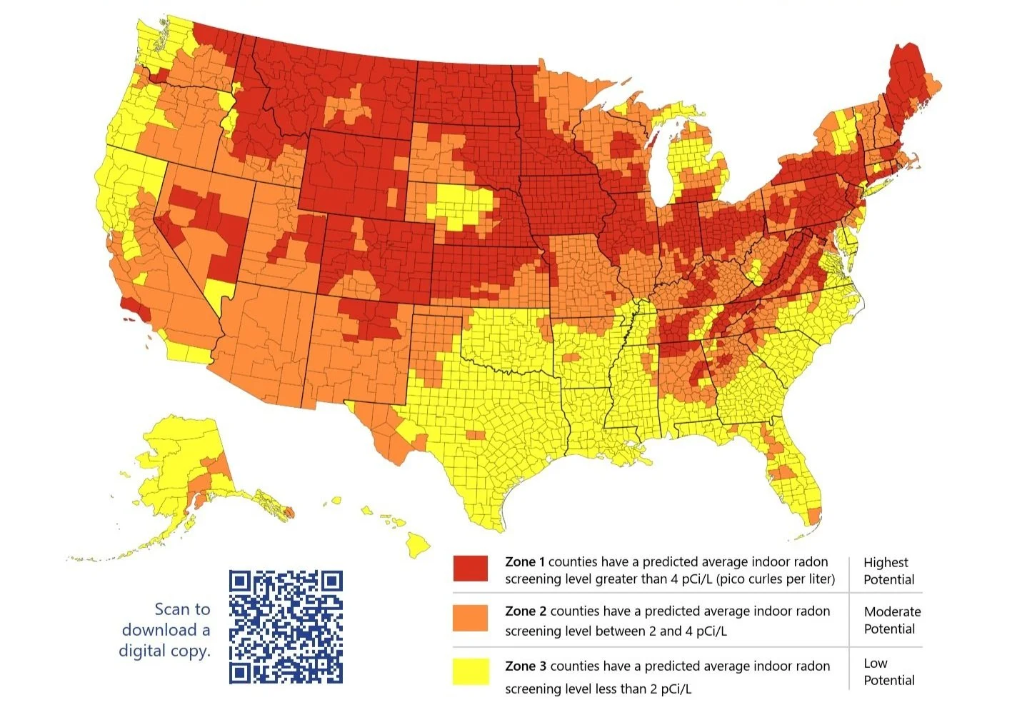 Map of the United States showing radon levels by county. Zone 1 (red) indicates counties with radon levels greater than 4 pCi/L. Zone 2 (orange) represents levels between 2 and 4 pCi/L. Zone 3 (yellow) shows levels less than 2 pCi/L. A QR code for downloading a digital copy is included.