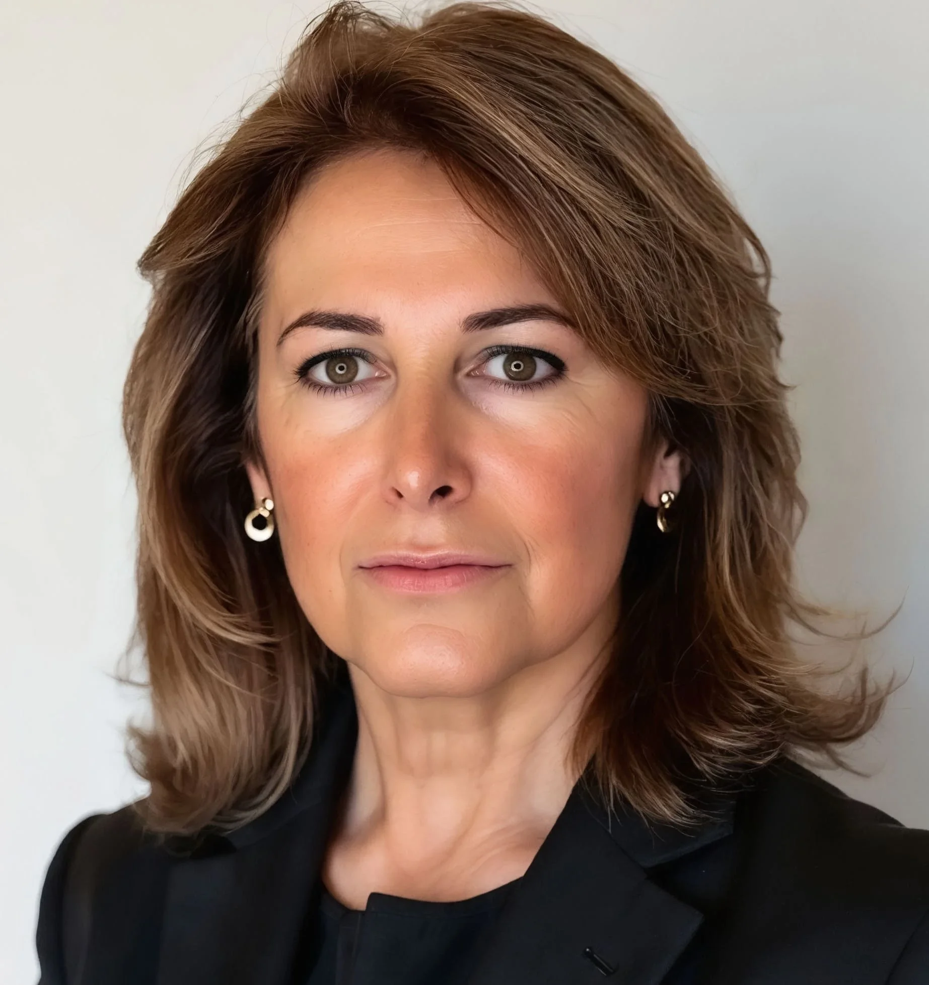 Professional woman with shoulder-length brown hair, wearing a black suit and hoop earrings, posing against a plain background.