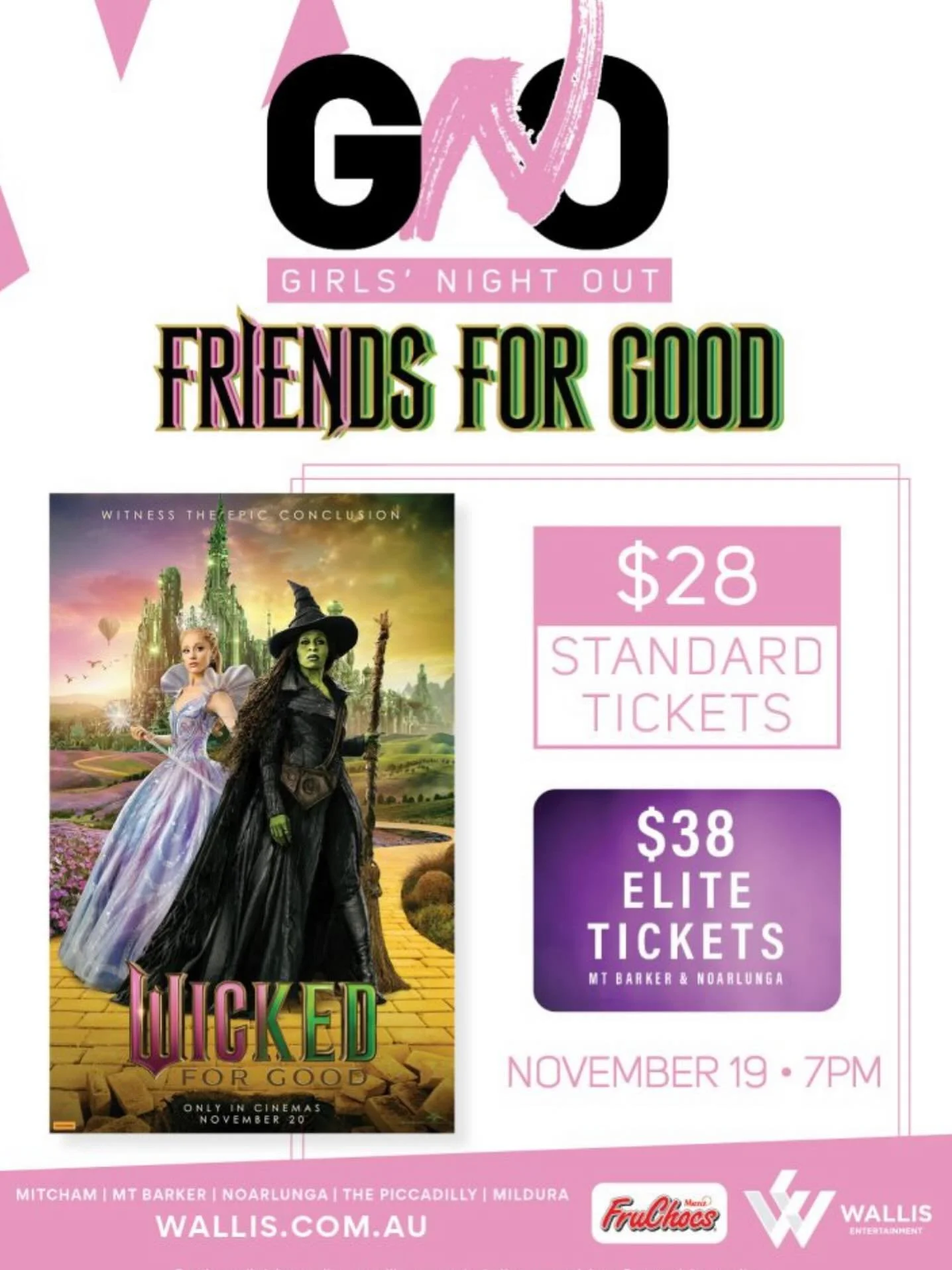 I'll be at @walliscinemas_mitcham this Wednesday 19th Nov for the Girls Night Out screening of Wicked For Good. If you've never been to a GNO you are missing out. Your movie ticket includes a glass of bubbles, popcorn and Fruchocs. They also have doo