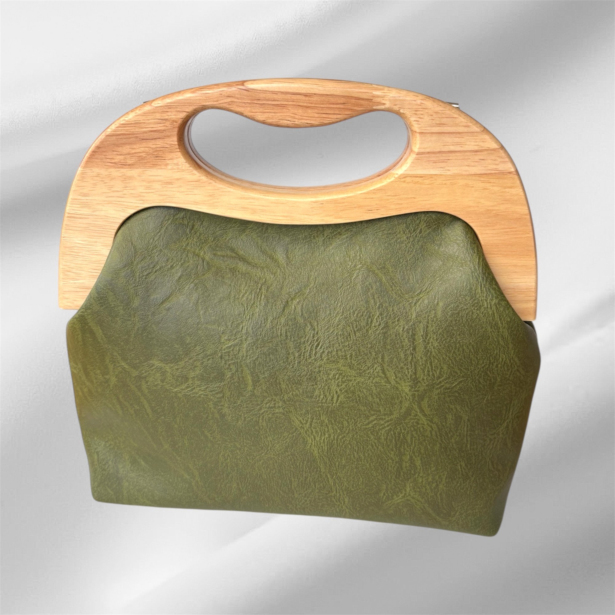 Olive Green Faux Leather  - Large Timber Handle Bag