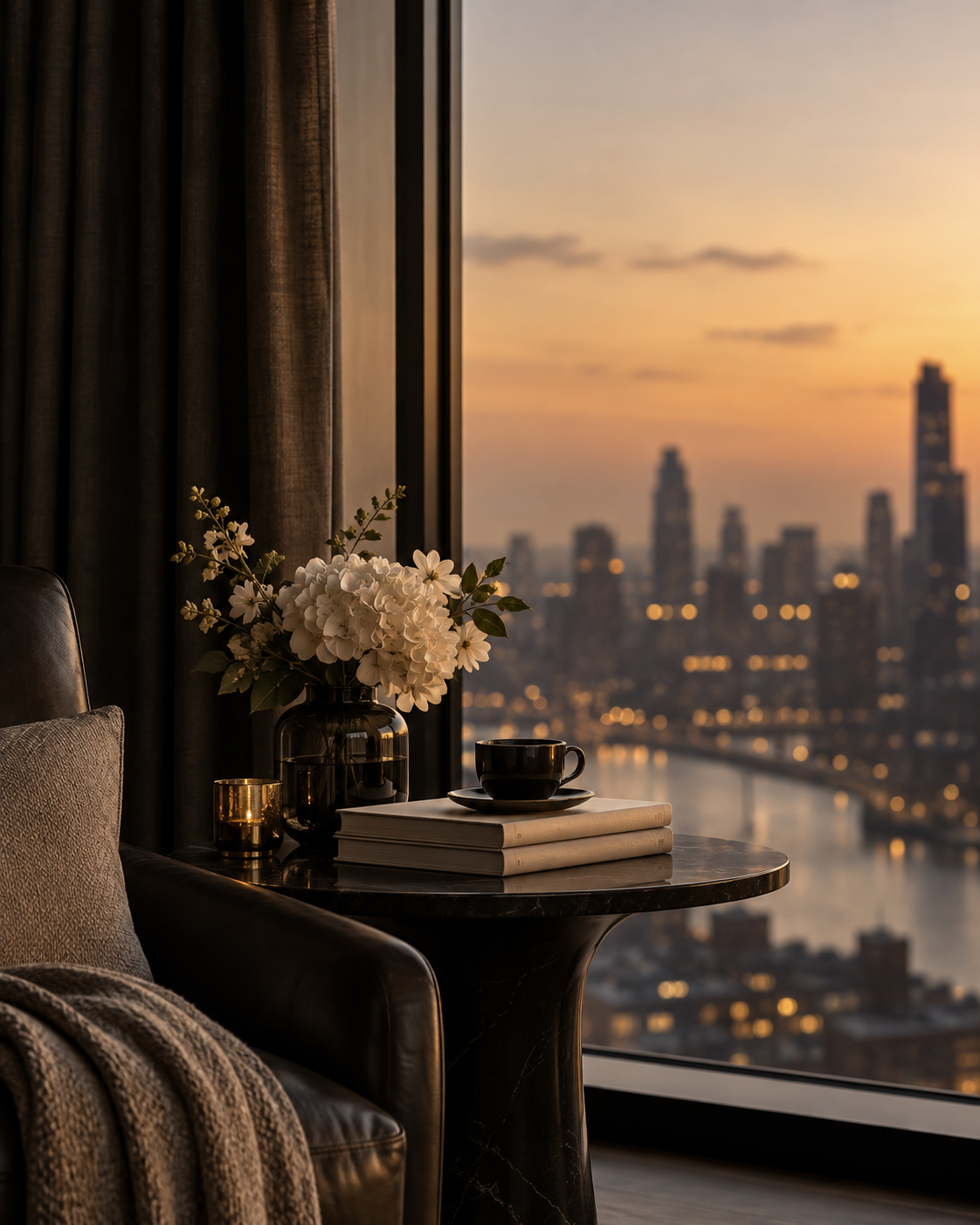 Private office interior at dusk