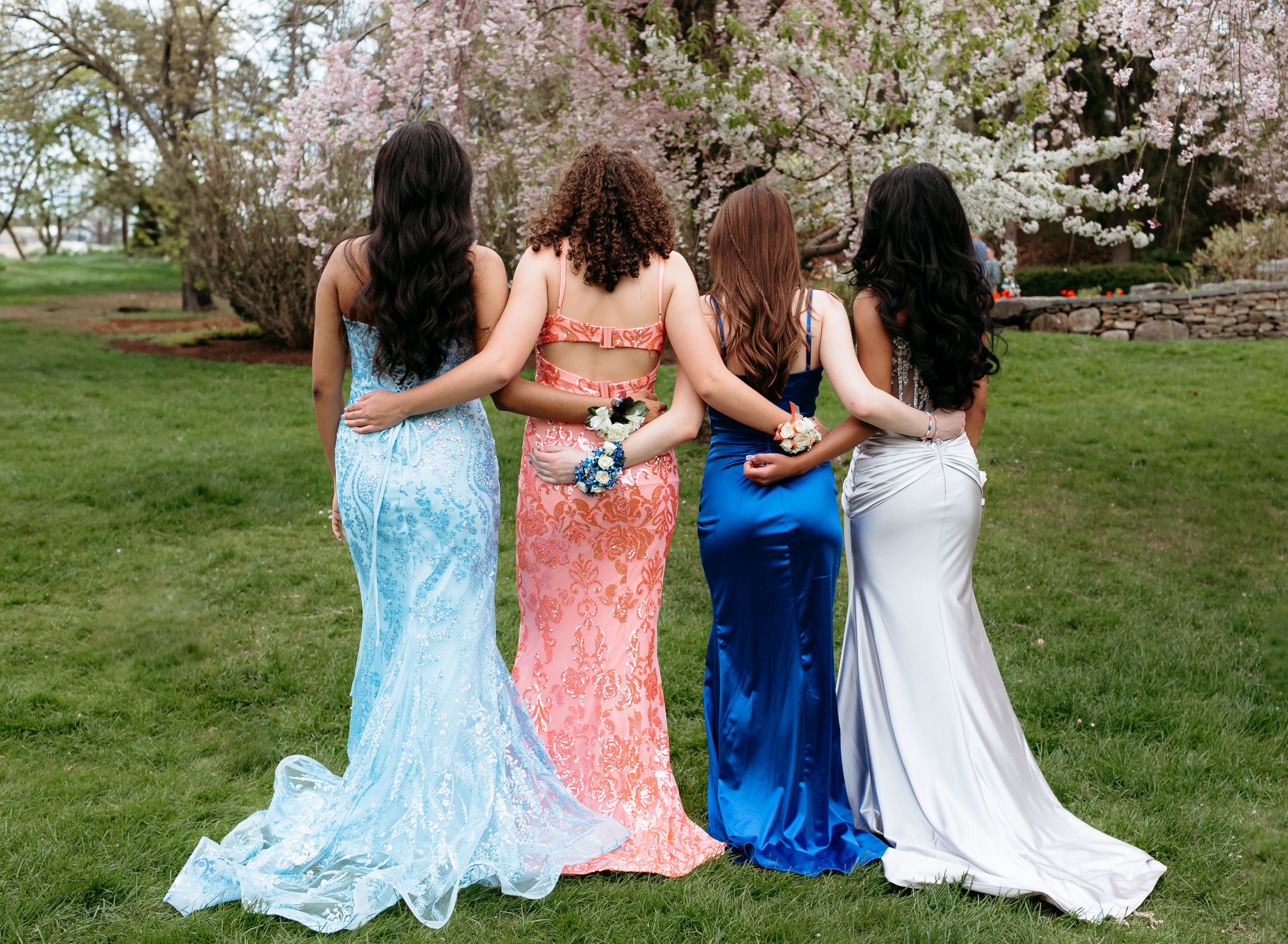 Four young women in formal gowns standing on grass with cherry blossom trees in the background.
