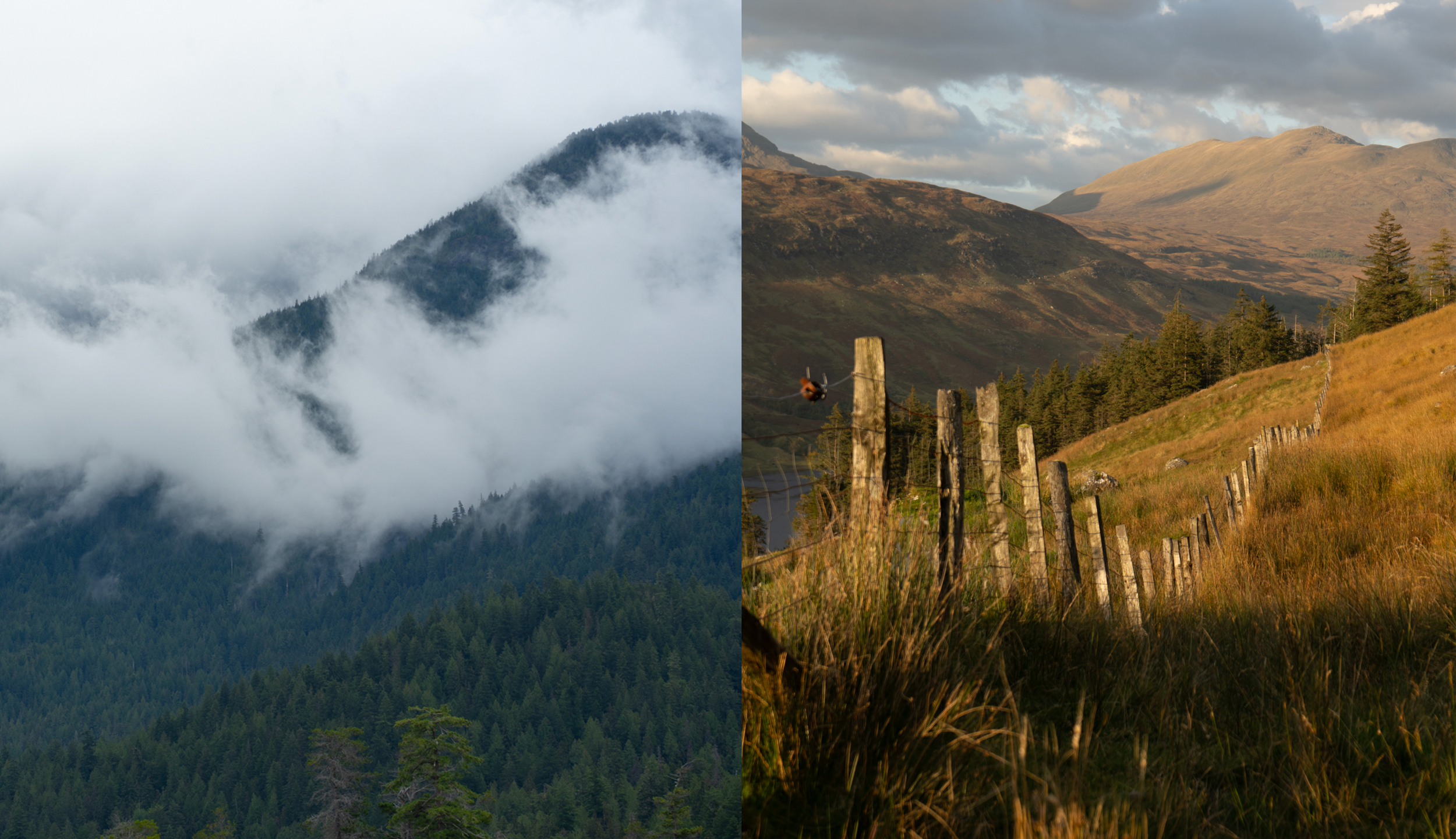 Roots of Resilience Film, two images of mountain terrain in Alaska and the United Kingdom