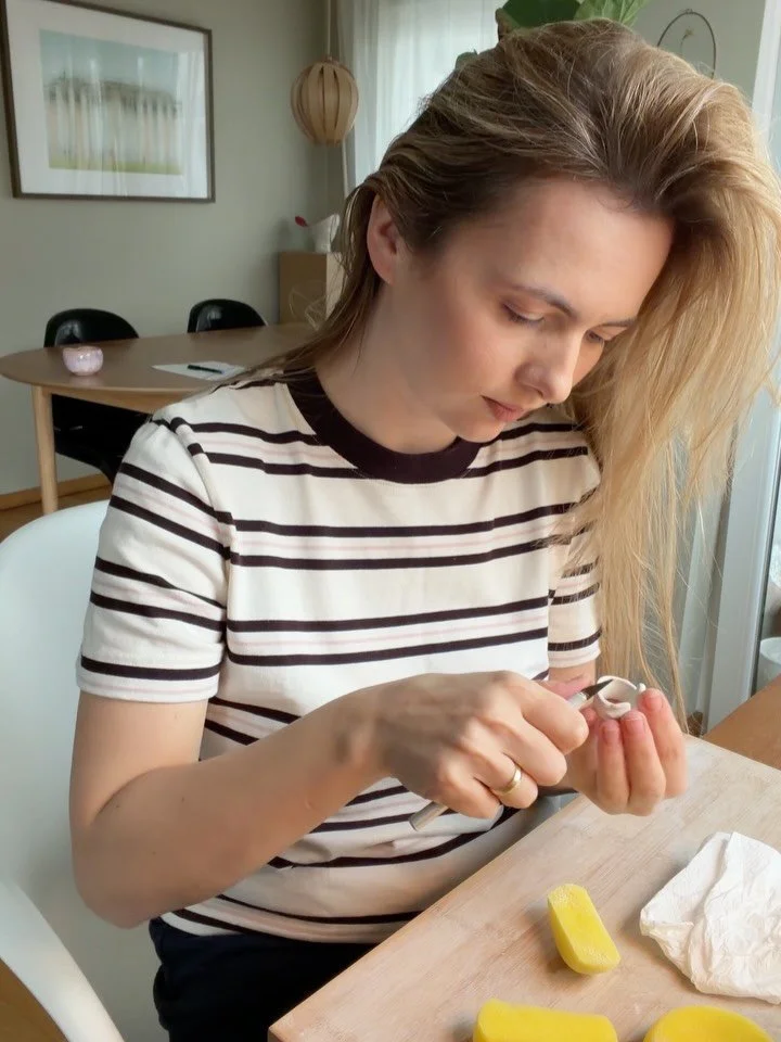 Hi, friends! This is me almost every day at my little studio desk, making porcelain jewels, staying with each piece until it kinda speaks to me, chasing shapes I love, and seriously playing. Here&rsquo;s a glimpse of the making process from this to t